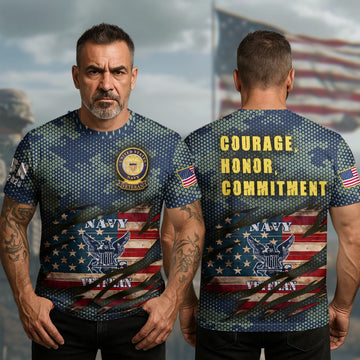 U.S. Navy Veteran Defender of the Seas Proudly Serving with Honor Courage and Commitment All-over Print T-Shirt