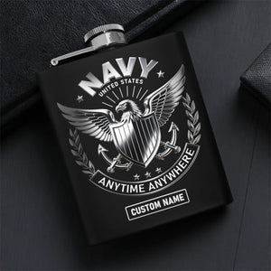 United States Navy Anytime Anywhere Military Patriotic Veteran Personalized Hip Flask Set