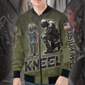 When the World Is Too Much to Stand Kneel Veteran Christian Military All-over Print Personalized Bomber Jacket