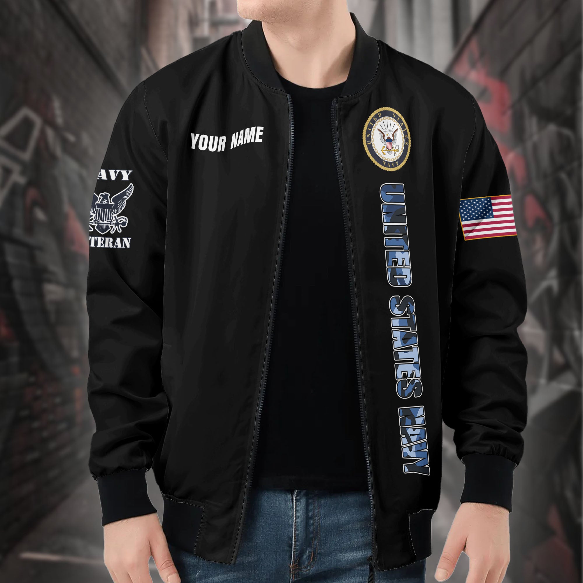 U.S. Navy Anchors Aweigh All-over Print Bomber Jacket