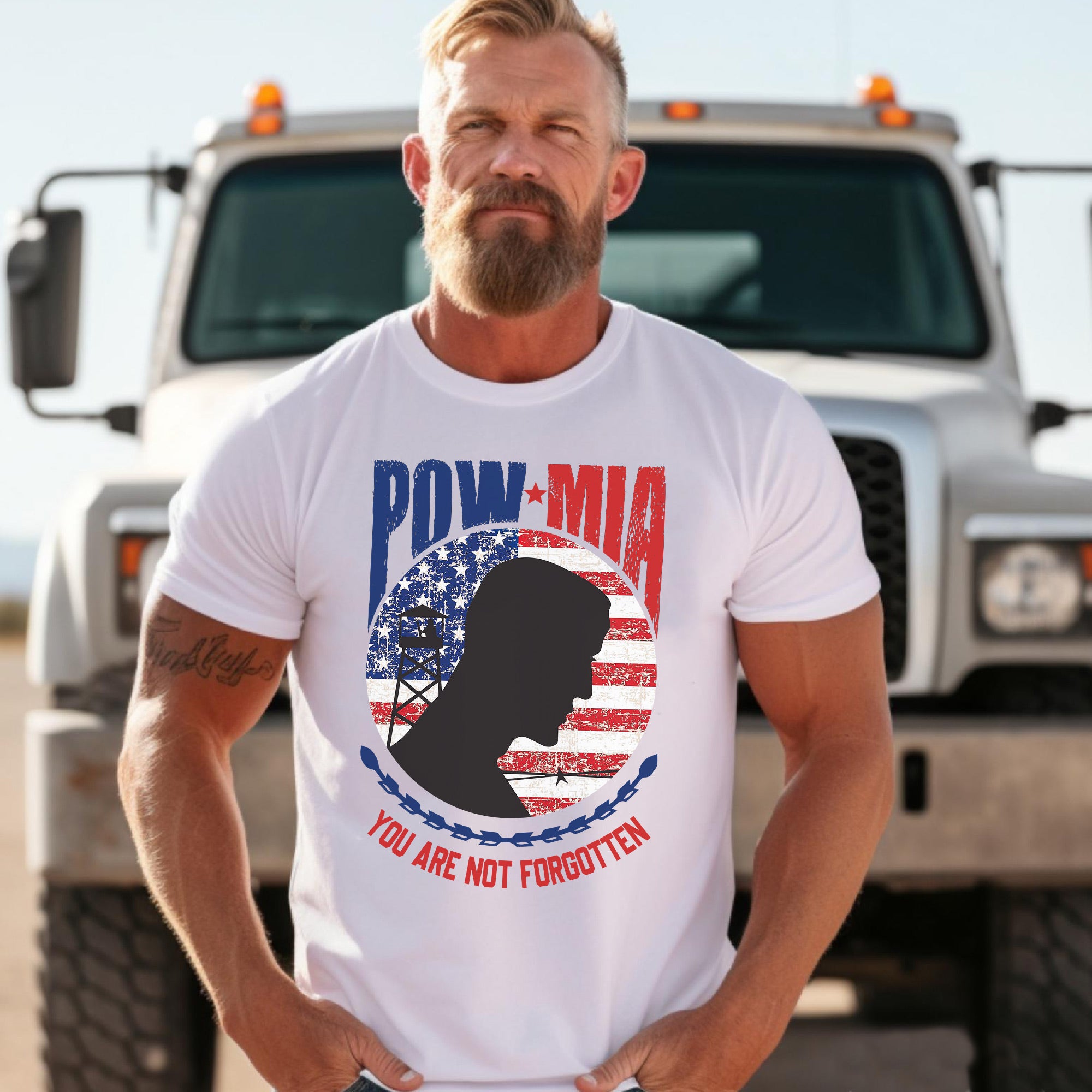 POW MIA Veteran Military Remembrance Patriotic Flag Soldier Tribute T-Shirt