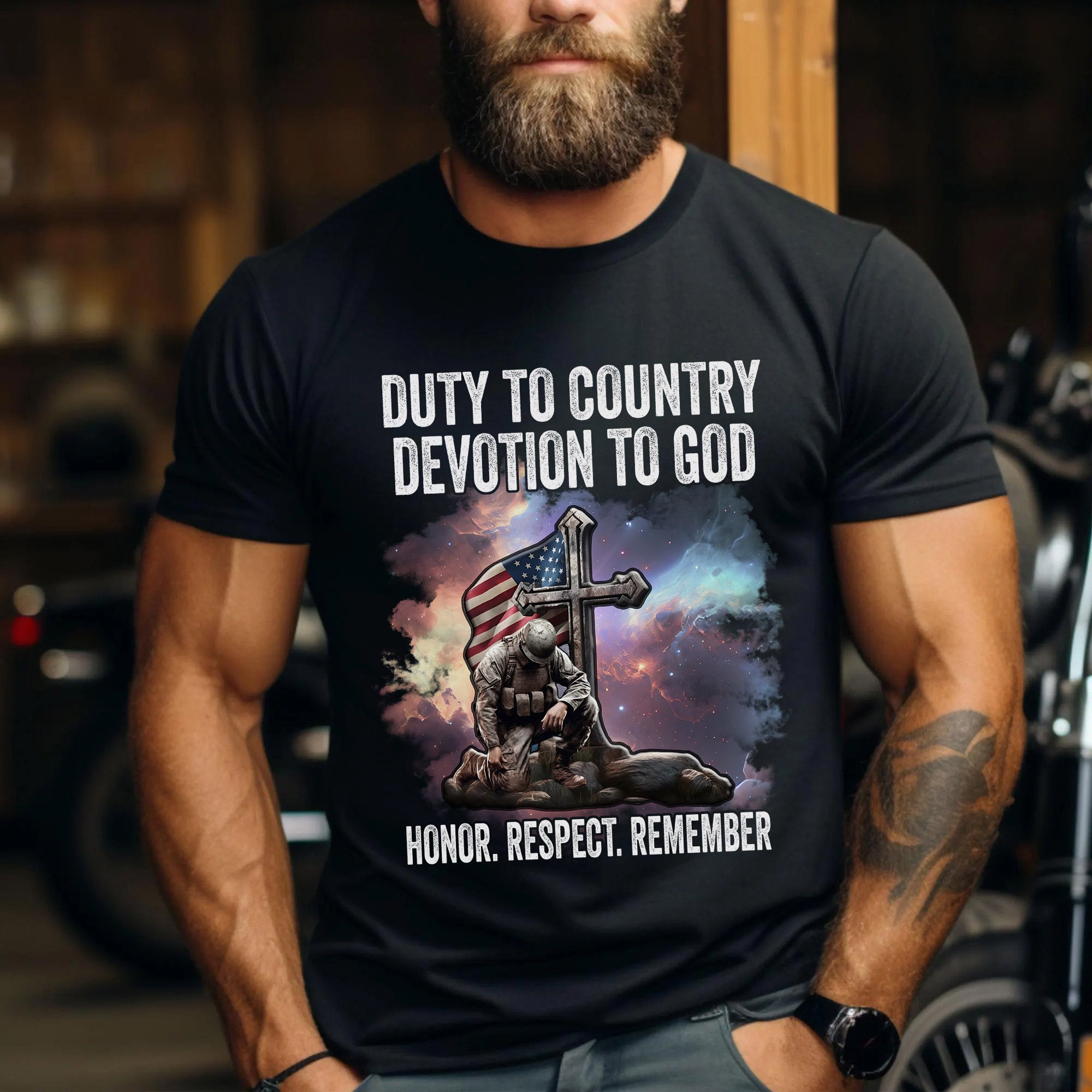 Duty to Country Devotion to God Patriotic American Flag Veteran Tribute T-Shirt