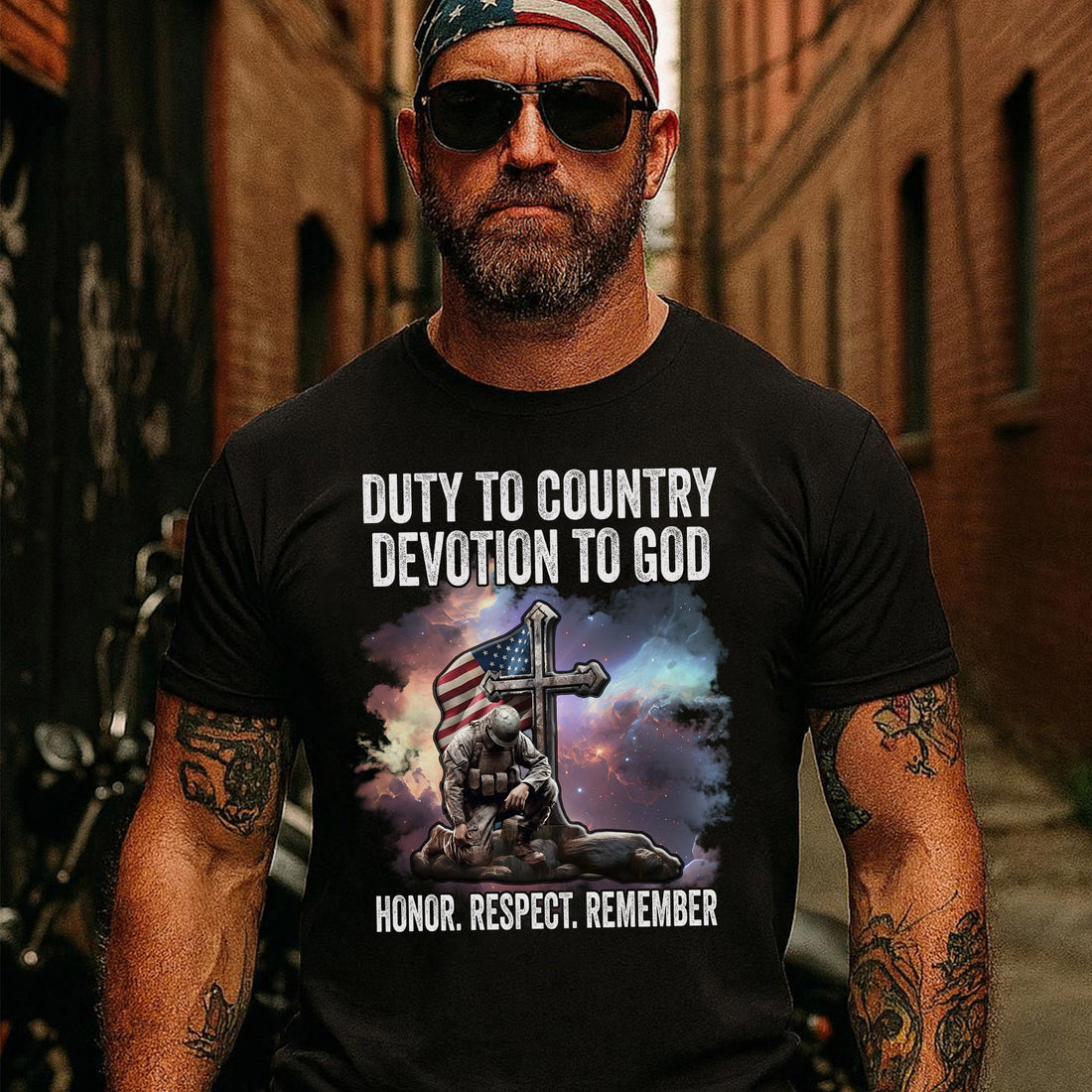 Duty to Country Devotion to God Patriotic American Flag Veteran Tribute T-Shirt