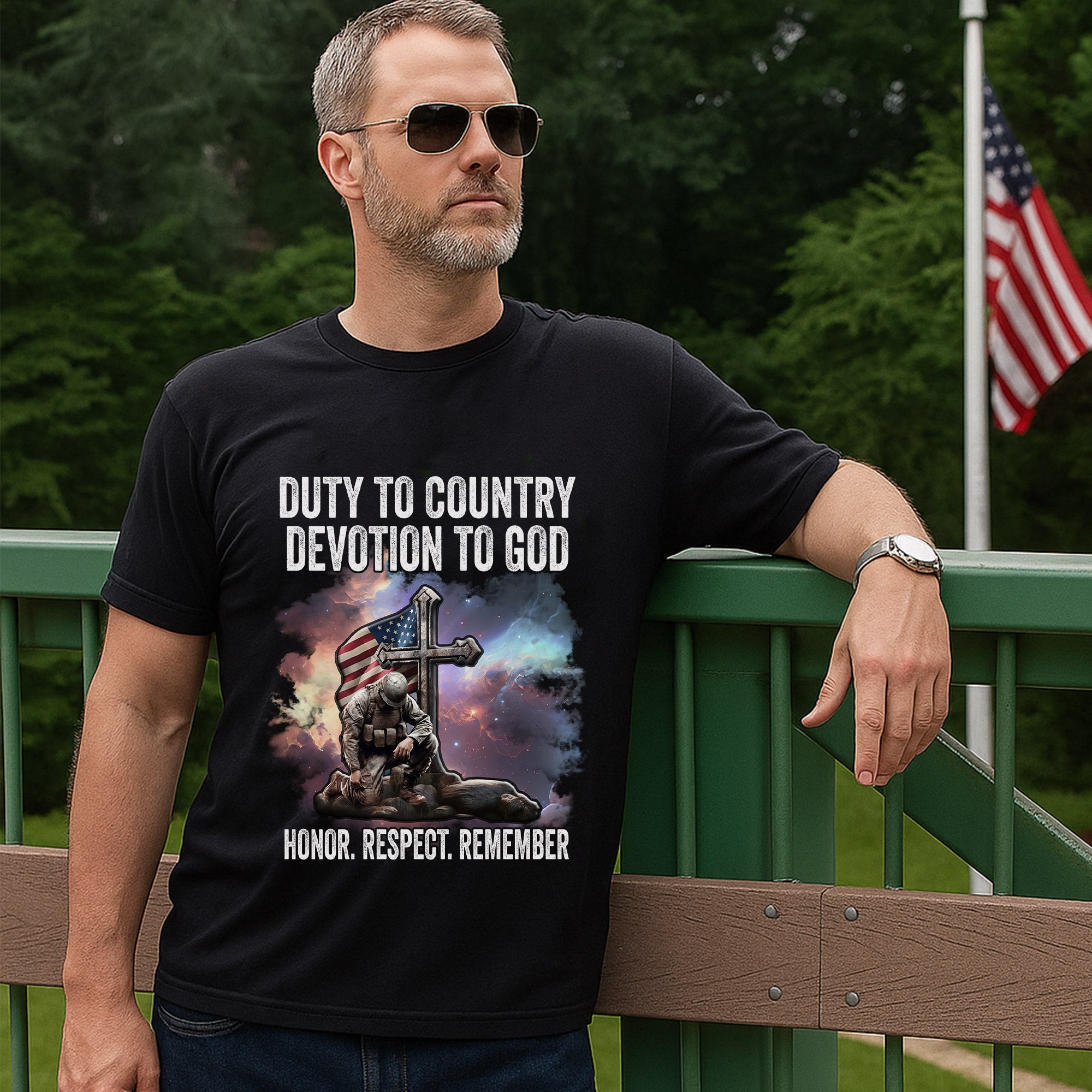Duty to Country Devotion to God Patriotic American Flag Veteran Tribute T-Shirt