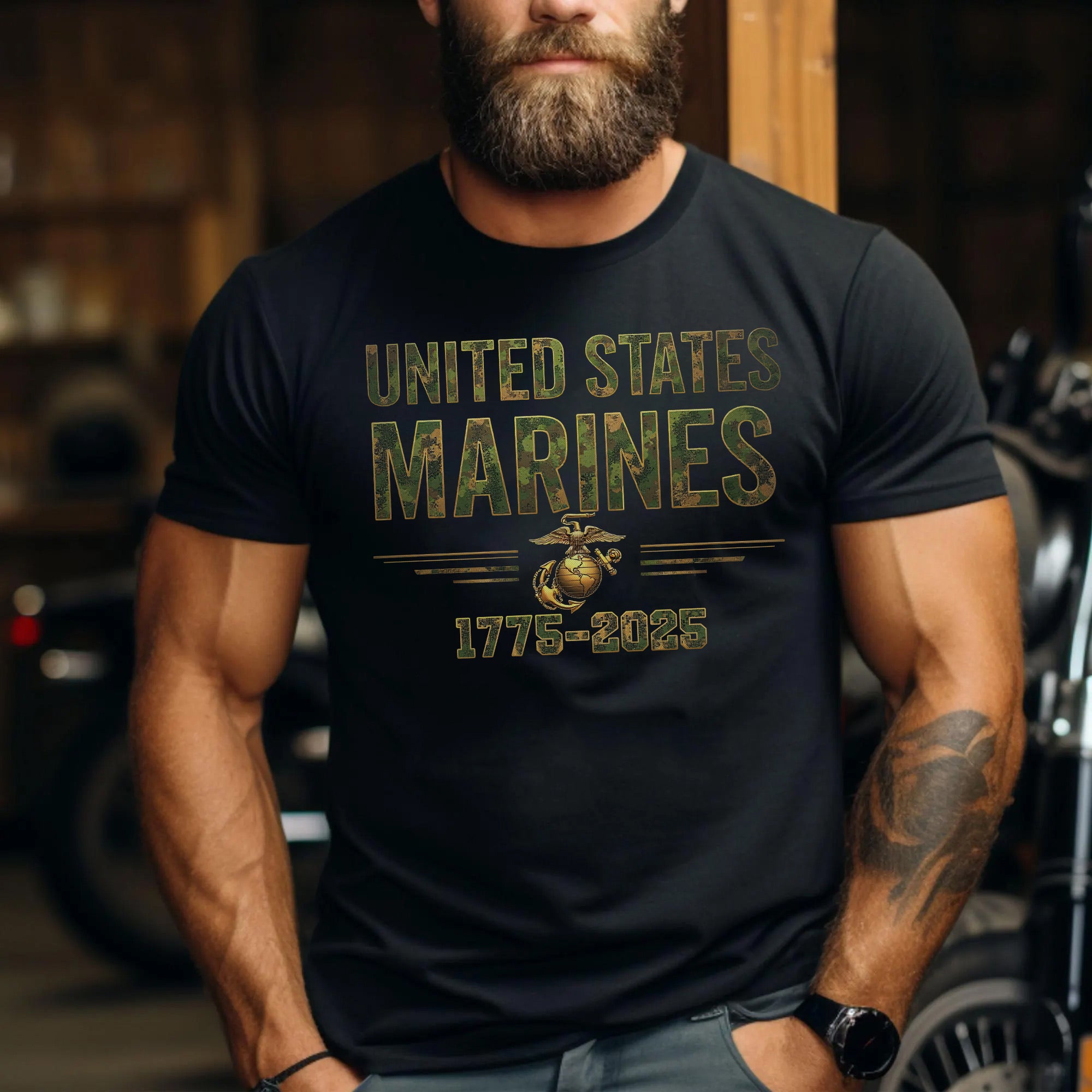 US Marine Corps MARPAT Camo Text Men’s Heather Black Military Veteran Patriotic T-Shirt