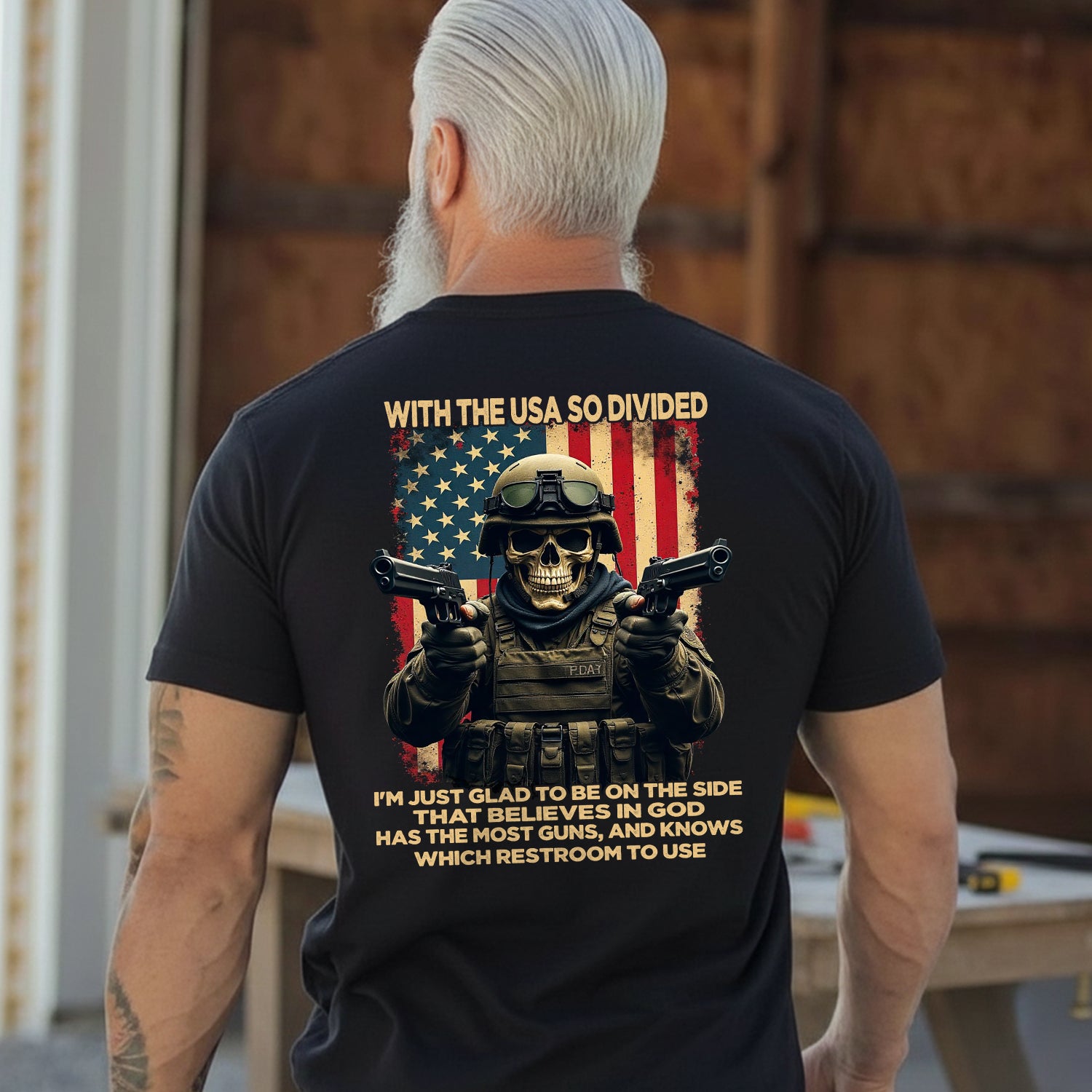 With the USA So Divided I’m Glad to Be on the Side That Believes in God Has Guns and Knows Which Restroom to Use T-Shirt Secondary image