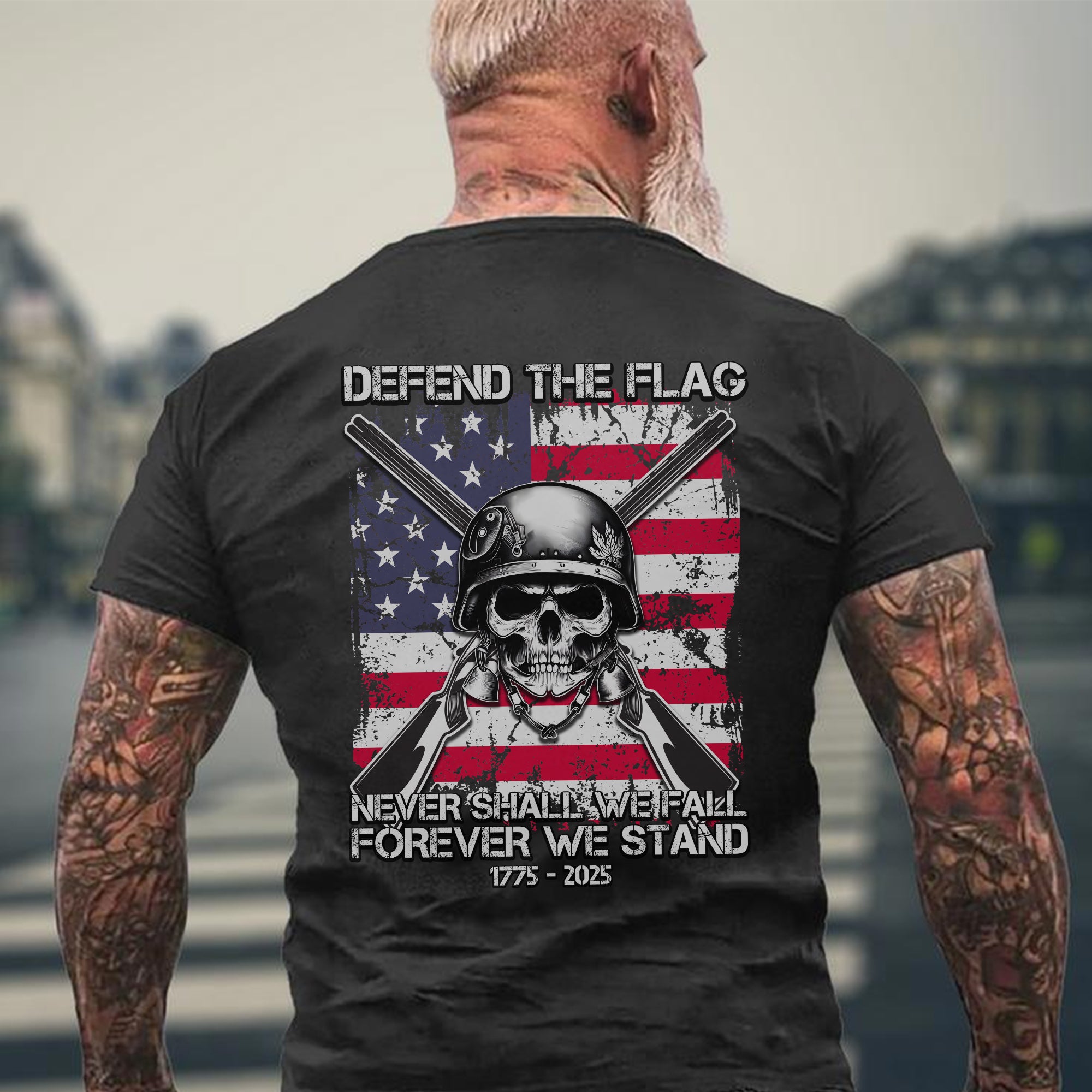 Defend the Flag Never Shall We Fall Forever We Stand US Military Patriotic Tribute T-Shirt