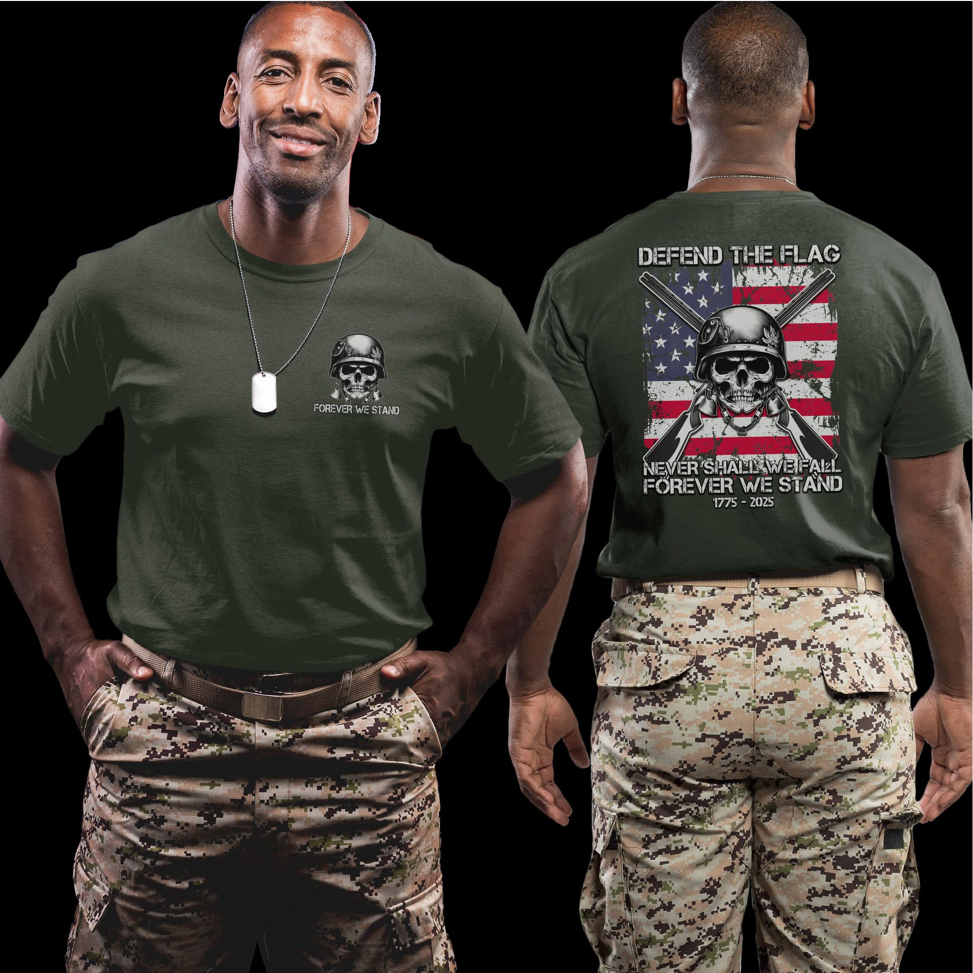 Defend the Flag Never Shall We Fall Forever We Stand US Military Patriotic Tribute T-Shirt