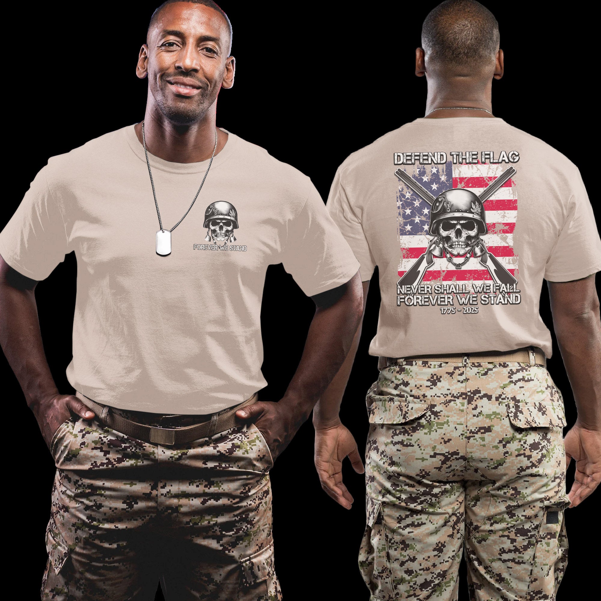 Defend the Flag Never Shall We Fall Forever We Stand US Military Patriotic Tribute T-Shirt