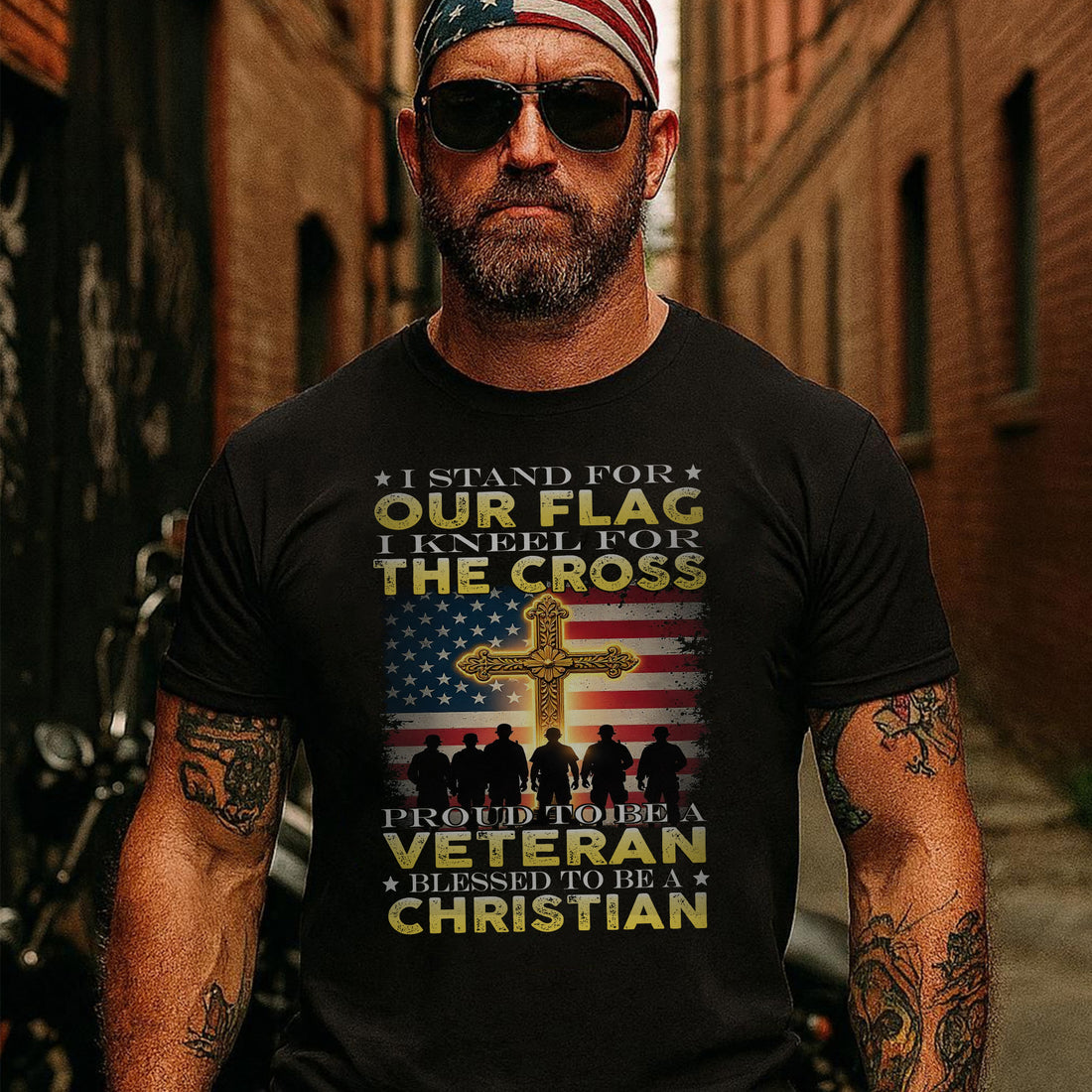 I Stand for the Flag I Kneel for the Cross Proud Veteran Blessed Christian US Military T-Shirt