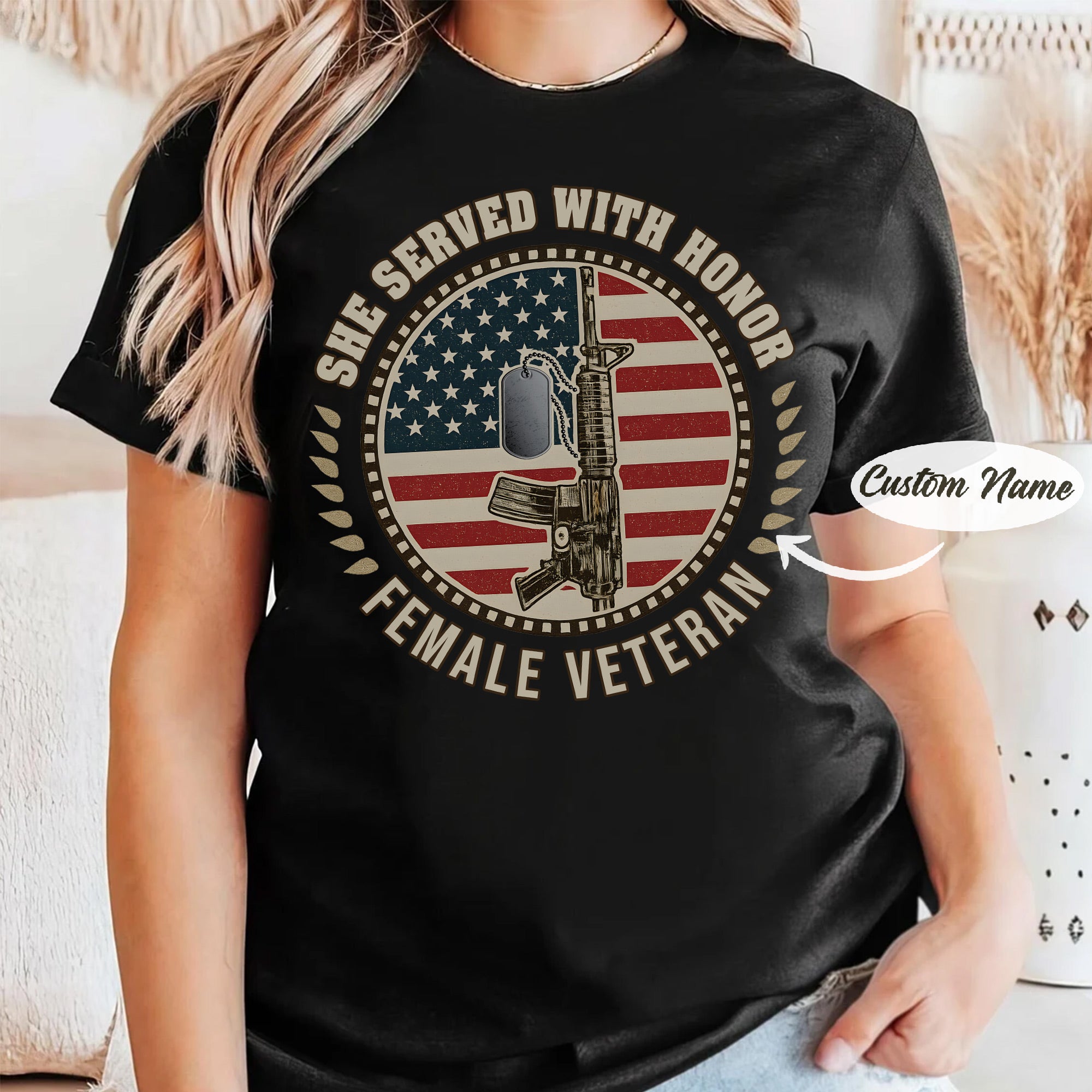 She Served With Honor Female Veteran Tribute Design Celebrating Strength Courage and Service Personalized T-Shirt