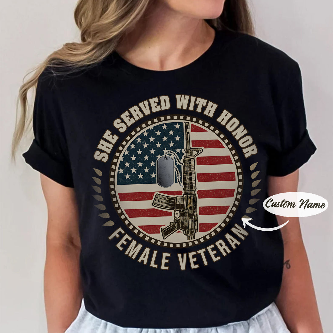 She Served With Honor Female Veteran Tribute Design Celebrating Strength Courage and Service Personalized T-Shirt