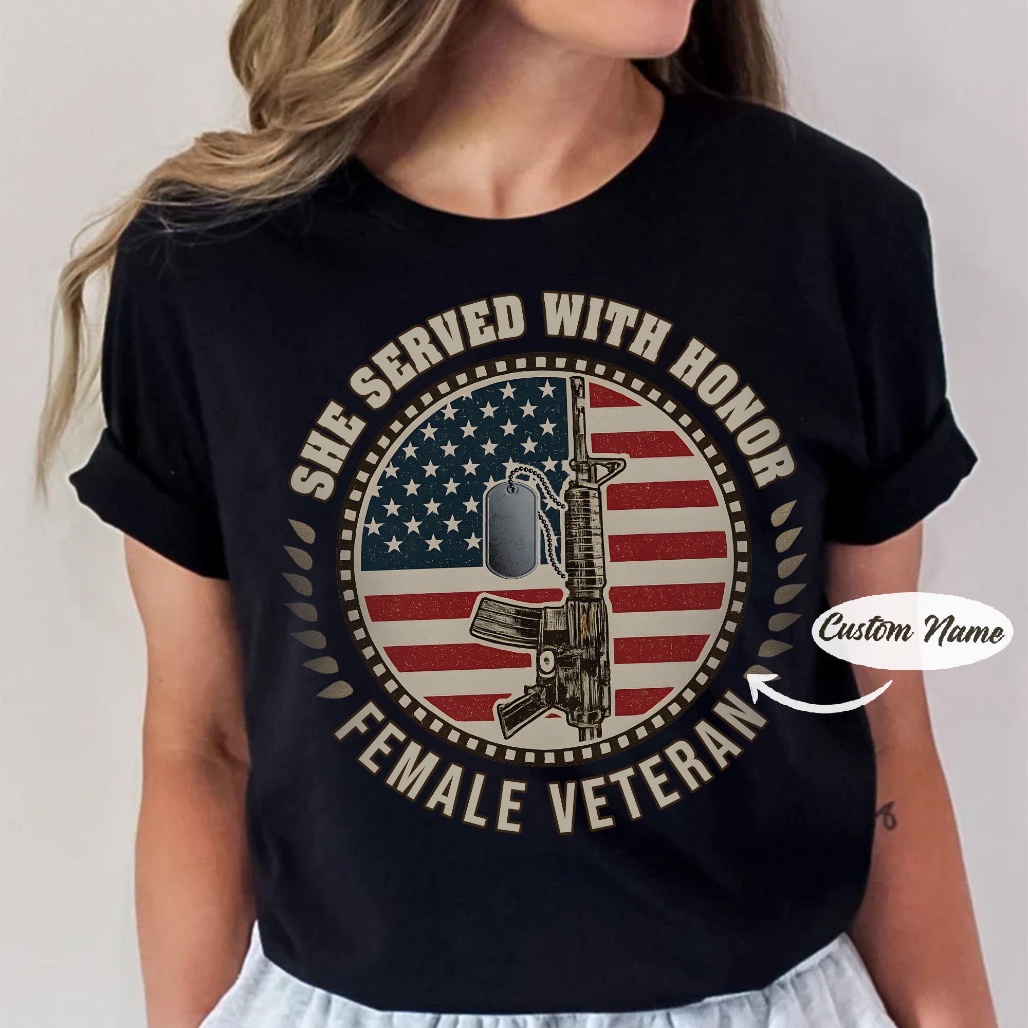 She Served With Honor Female Veteran Tribute Design Celebrating Strength Courage and Service Personalized T-Shirt