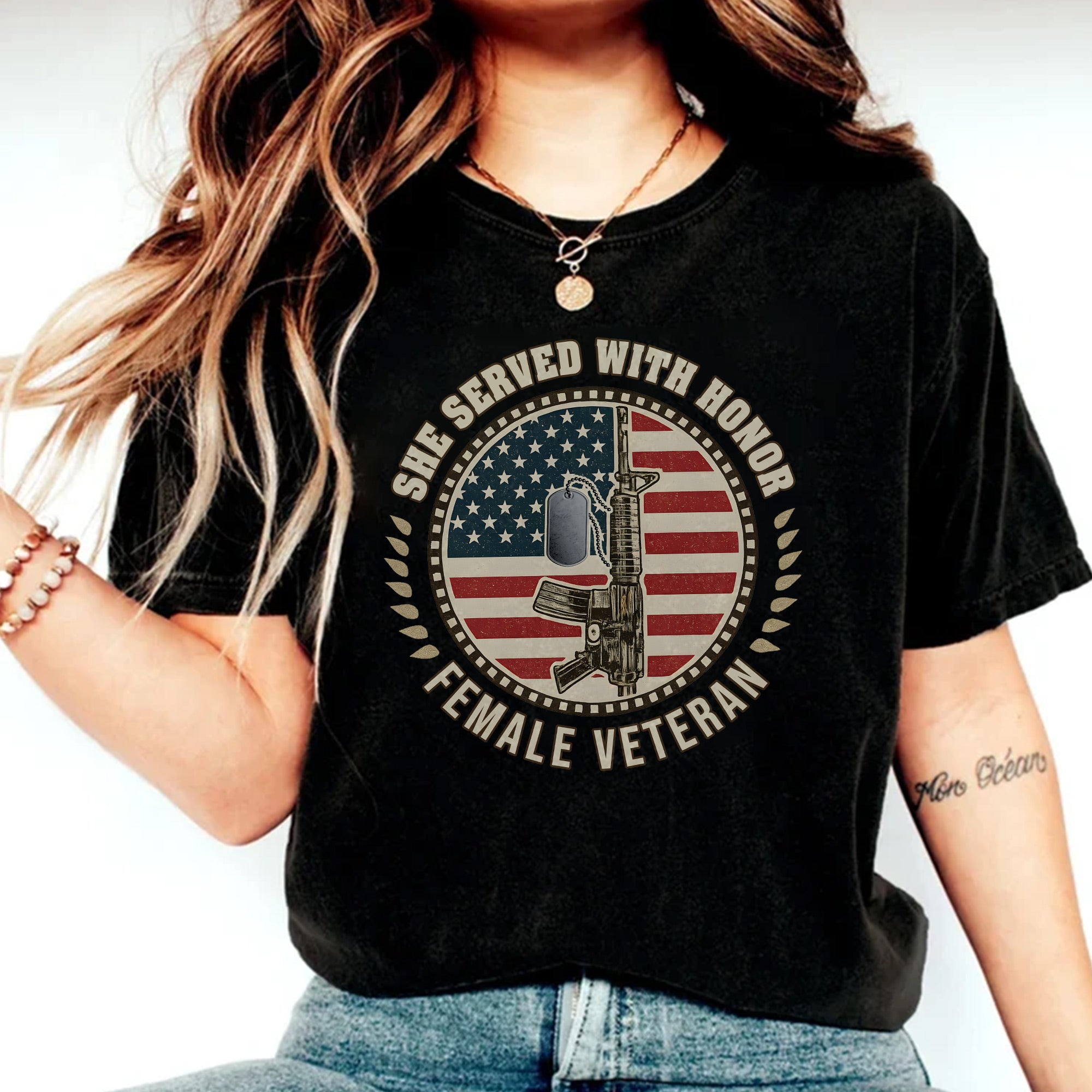 She Served With Honor Female Veteran Tribute Design Celebrating Strength Courage and Service Personalized T-Shirt