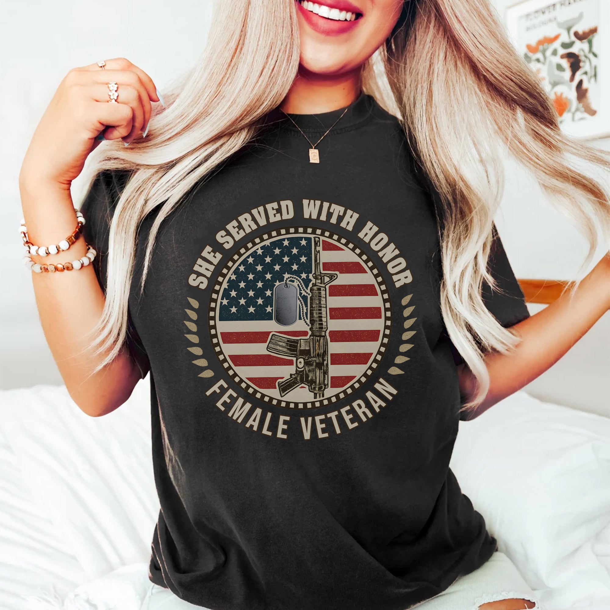 She Served With Honor Female Veteran Tribute Design Celebrating Strength Courage and Service Personalized T-Shirt