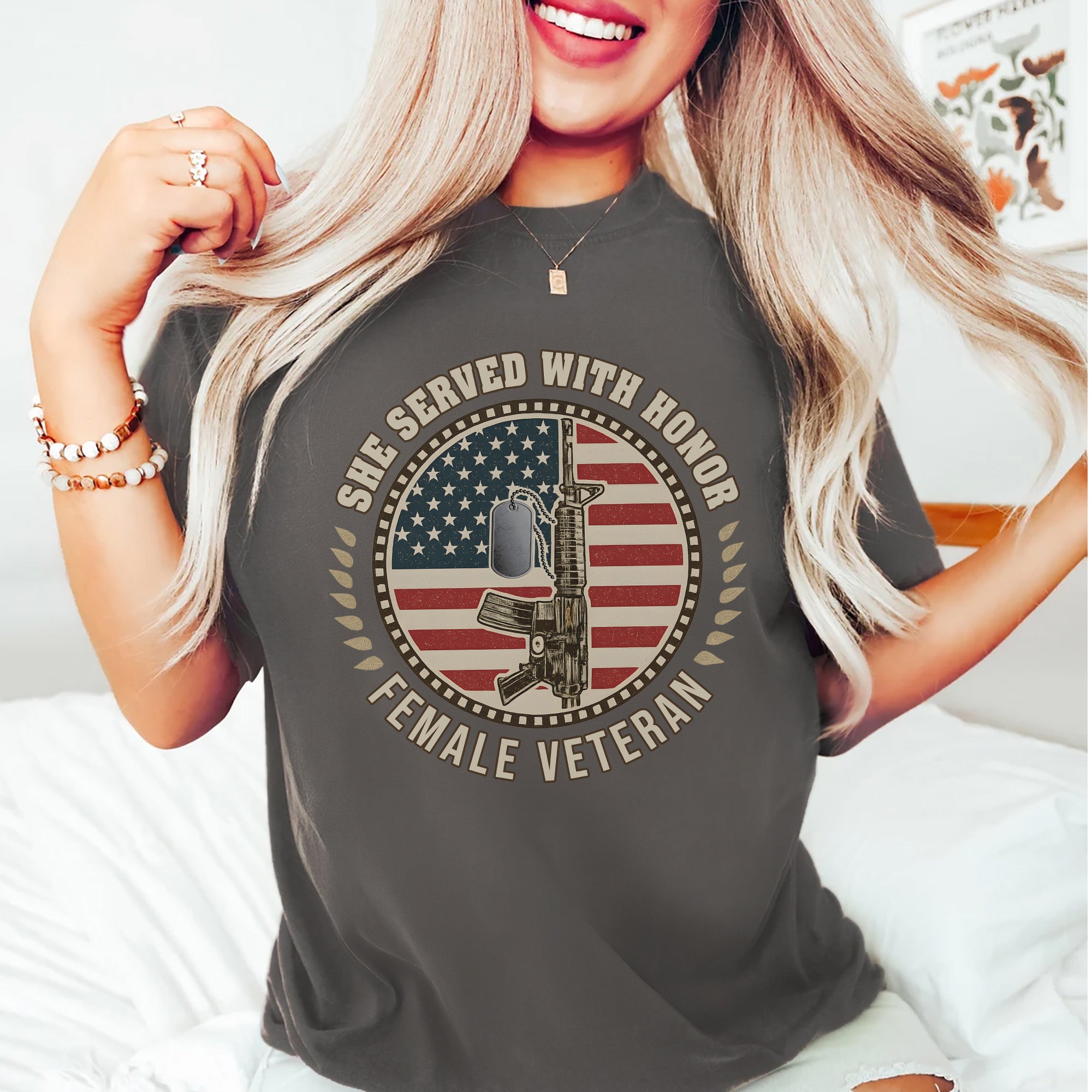 She Served With Honor Female Veteran Tribute Design Celebrating Strength Courage and Service Personalized T-Shirt