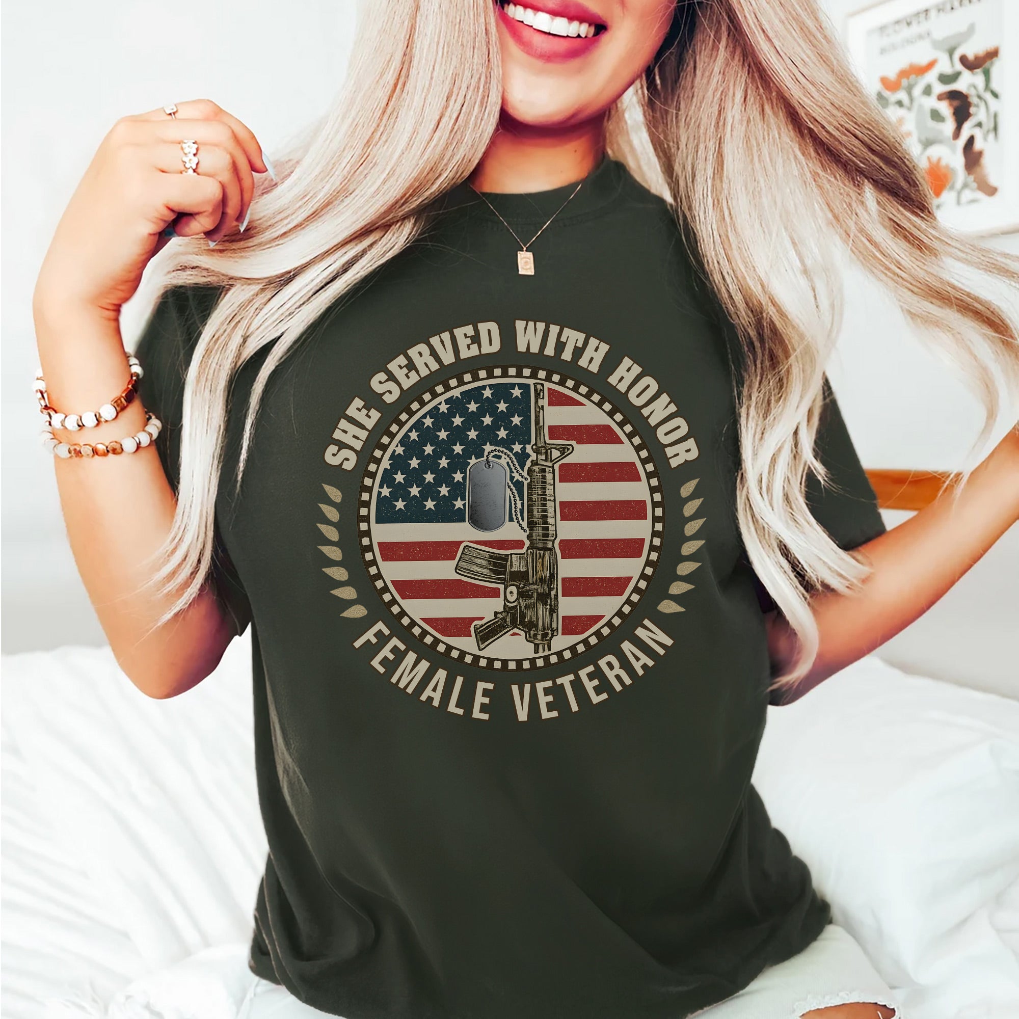 She Served With Honor Female Veteran Tribute Design Celebrating Strength Courage and Service Personalized T-Shirt