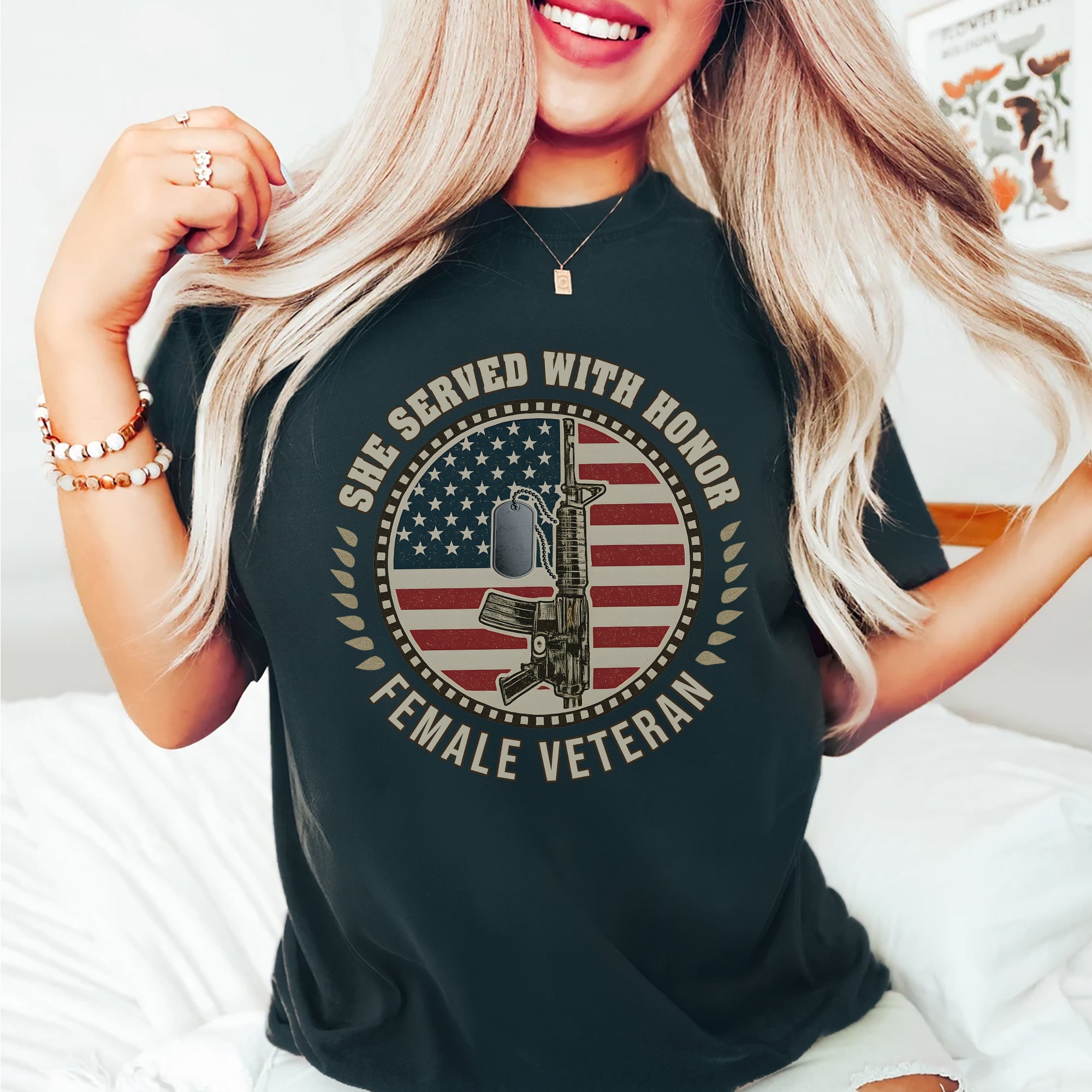 She Served With Honor Female Veteran Tribute Design Celebrating Strength Courage and Service Personalized T-Shirt
