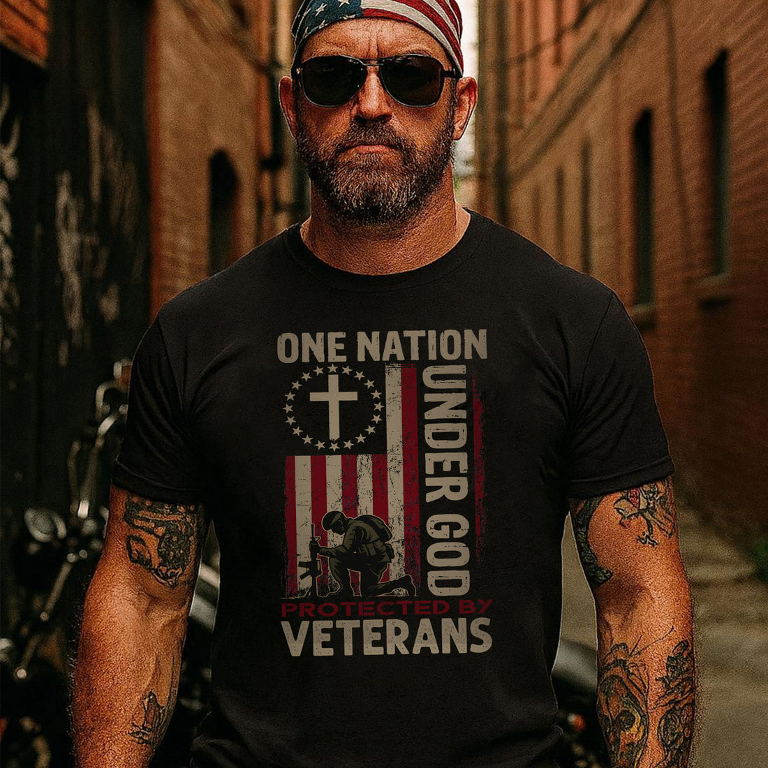 One Nation Under God Protected by Veterans Patriotic Tribute to Faith Freedom and Service T-Shirt