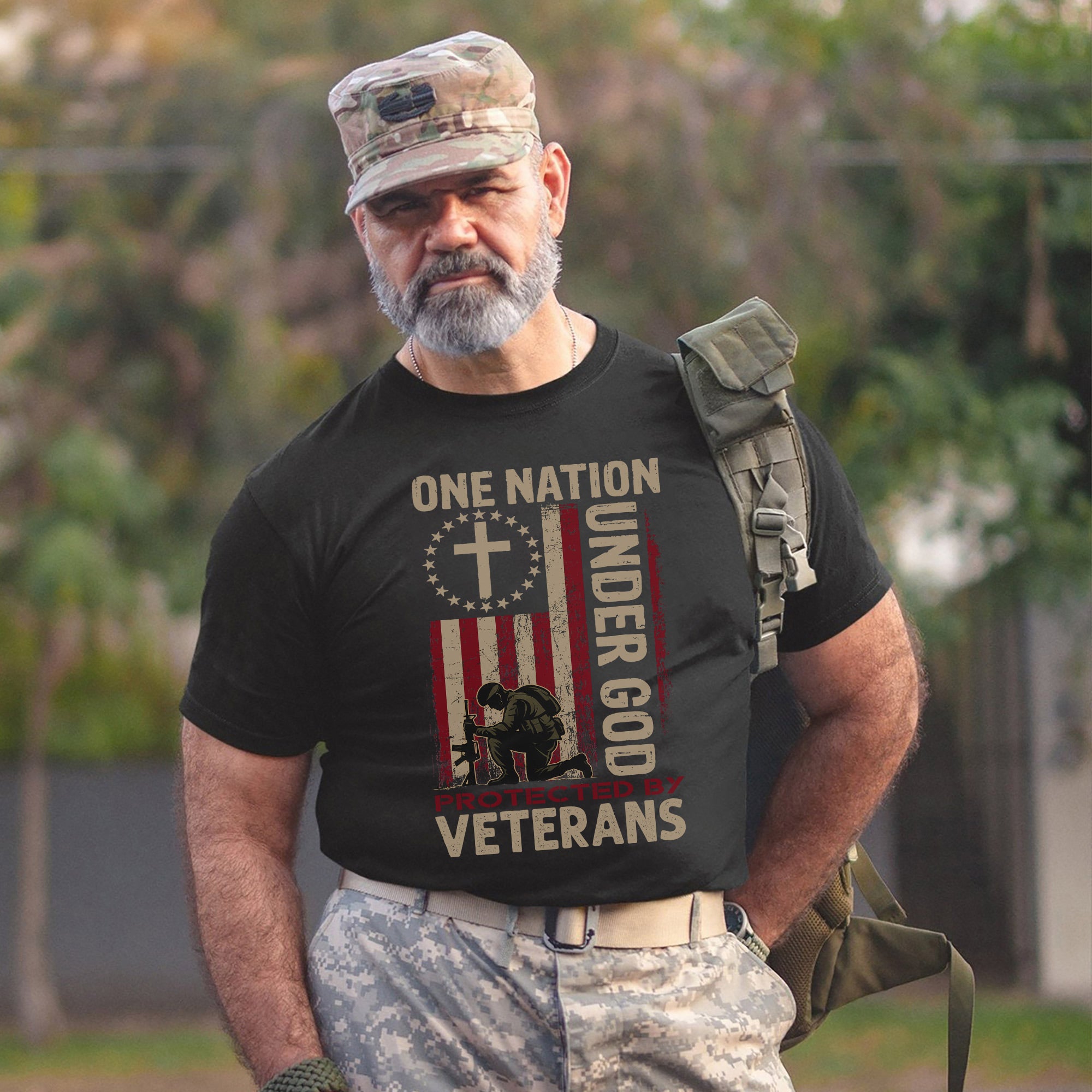 One Nation Under God Protected by Veterans Patriotic Tribute to Faith Freedom and Service T-Shirt