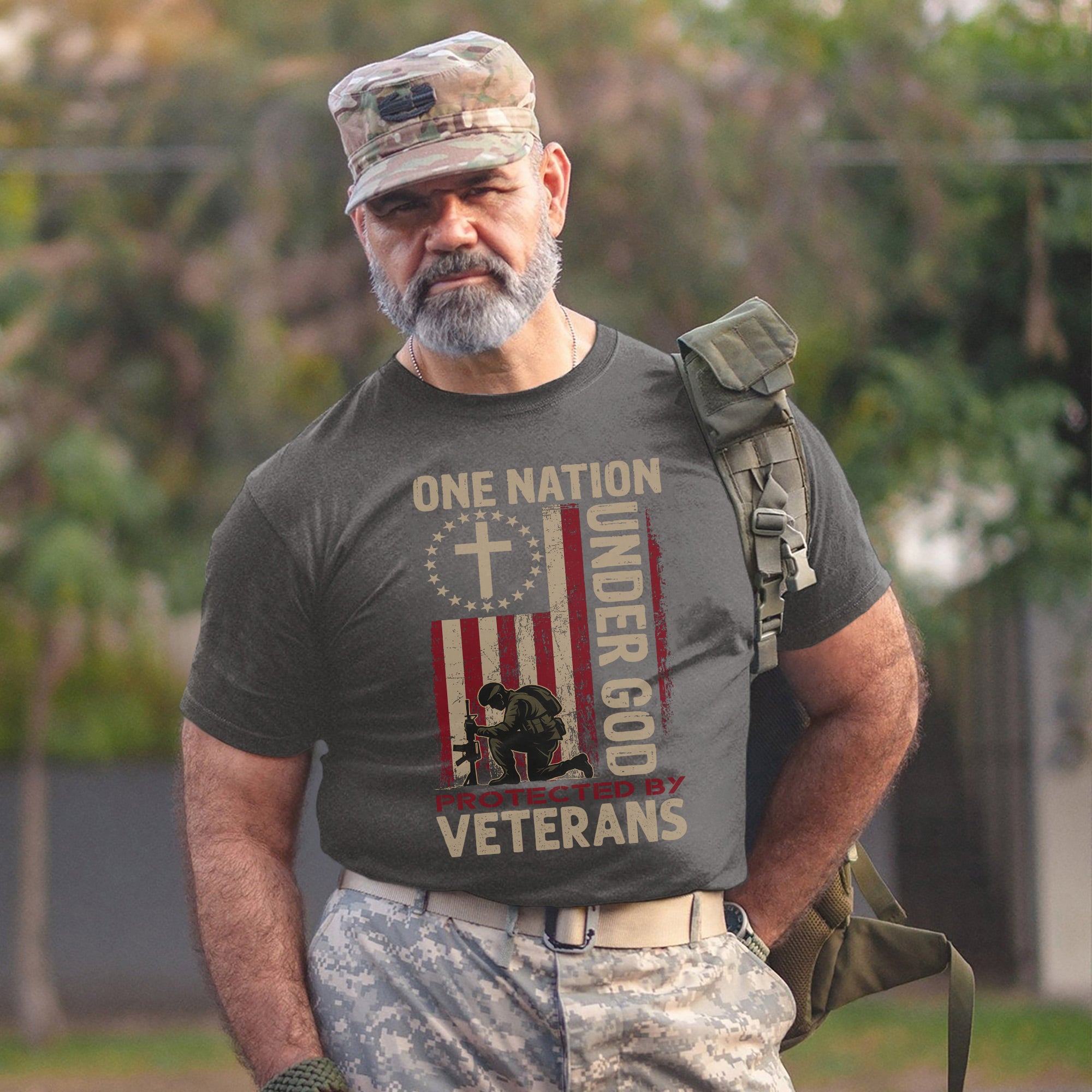 One Nation Under God Protected by Veterans Patriotic Tribute to Faith Freedom and Service T-Shirt