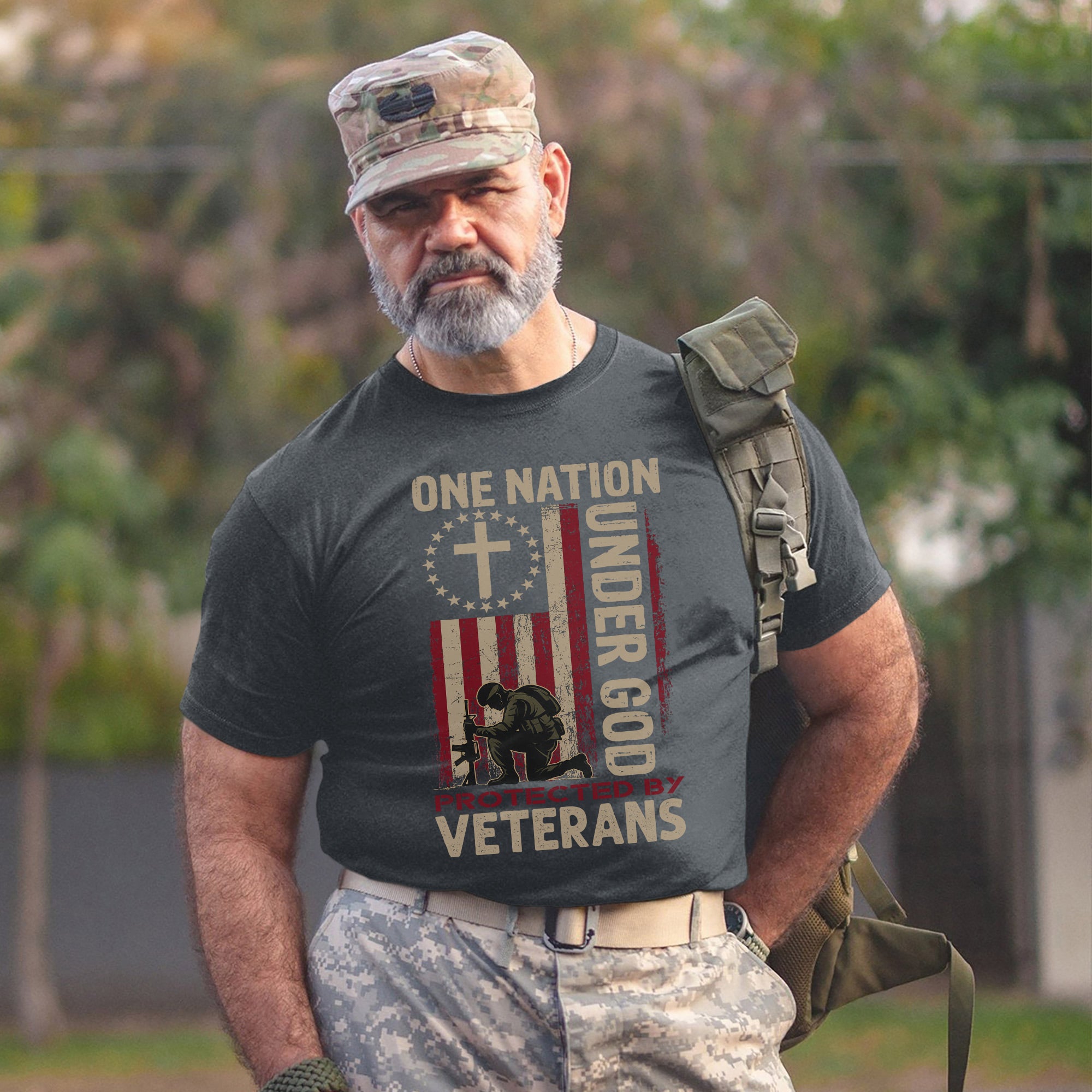 One Nation Under God Protected by Veterans Patriotic Tribute to Faith Freedom and Service T-Shirt