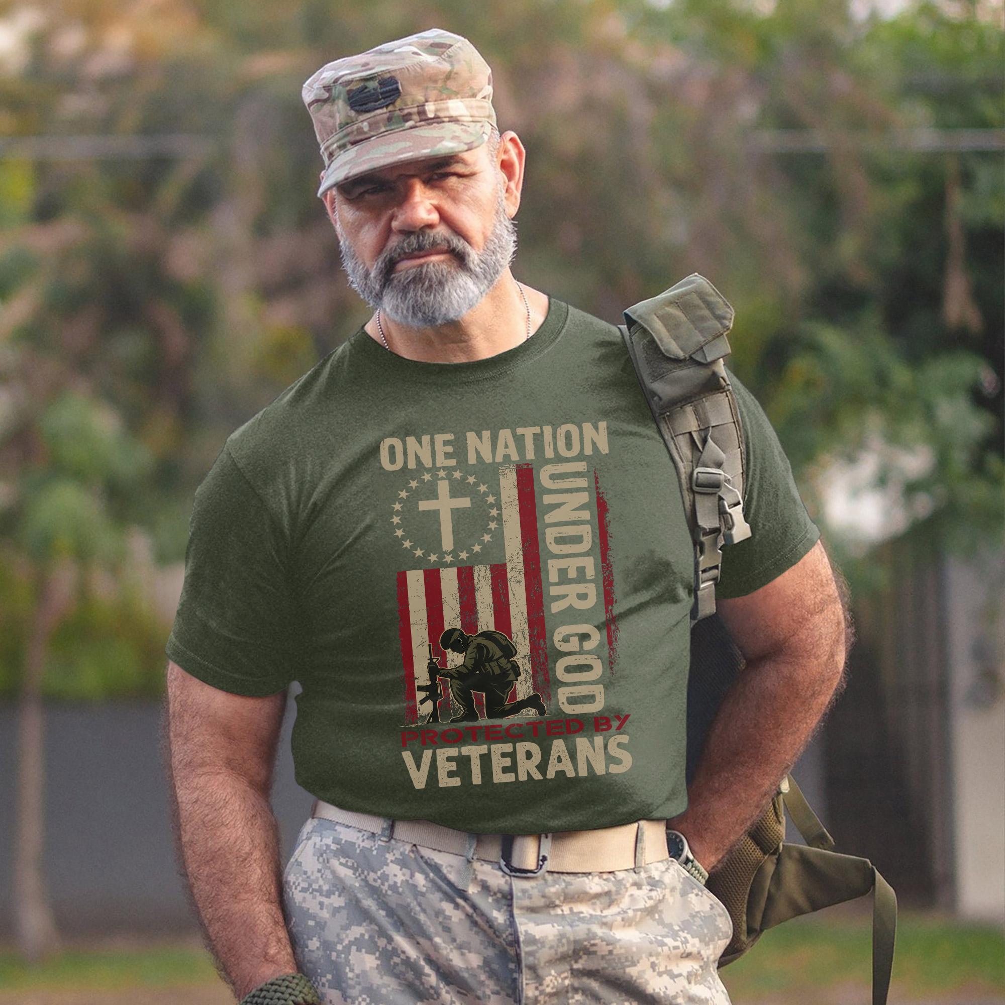 One Nation Under God Protected by Veterans Patriotic Tribute to Faith Freedom and Service T-Shirt
