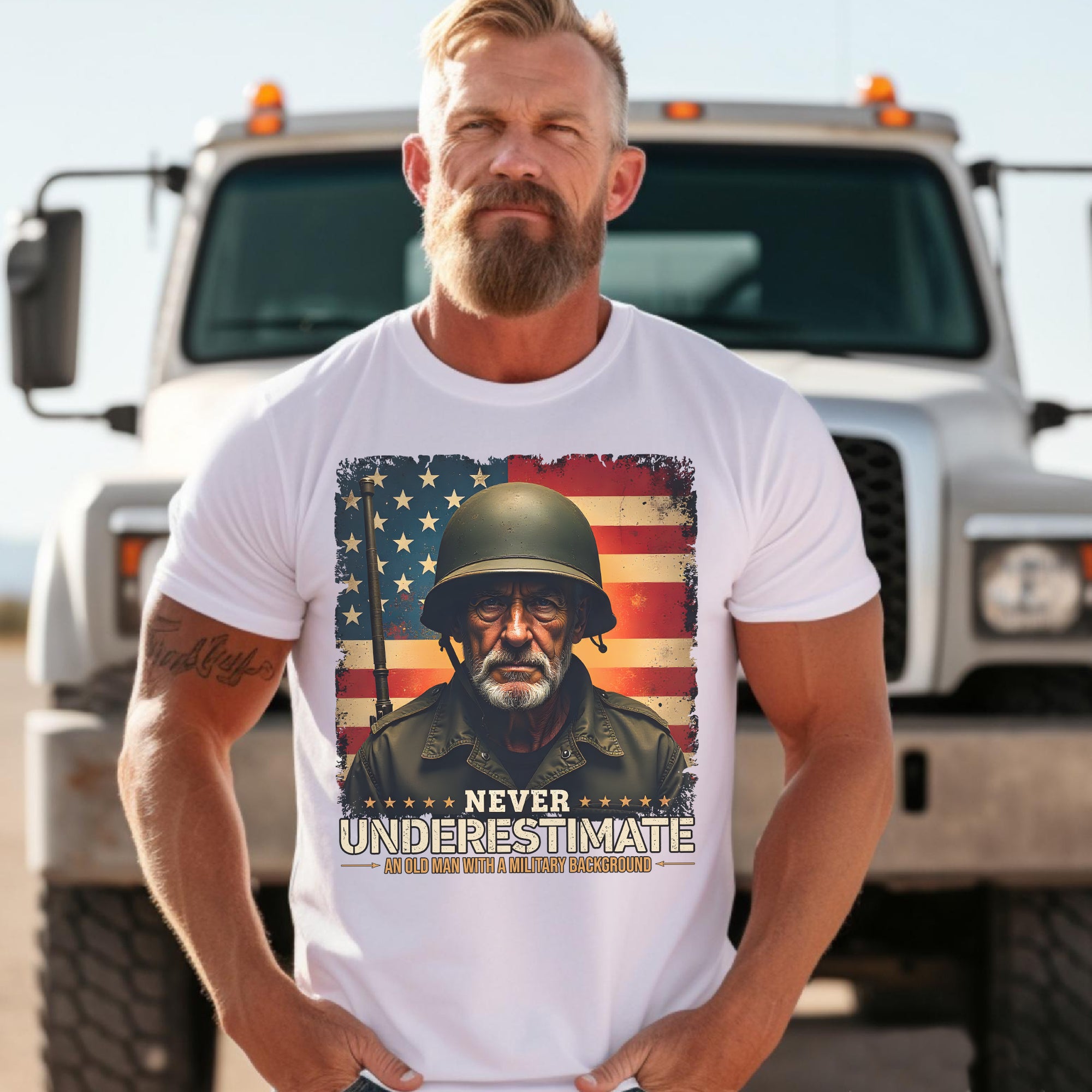 Never Underestimate an Old Man with a Military Background Trained Tough and Battle Ready T-Shirt