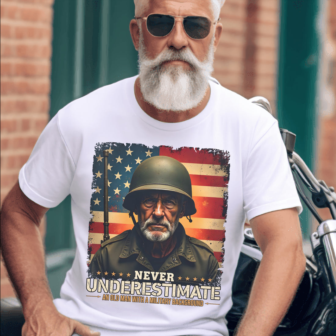 Never Underestimate an Old Man with a Military Background Trained Tough and Battle Ready T-Shirt