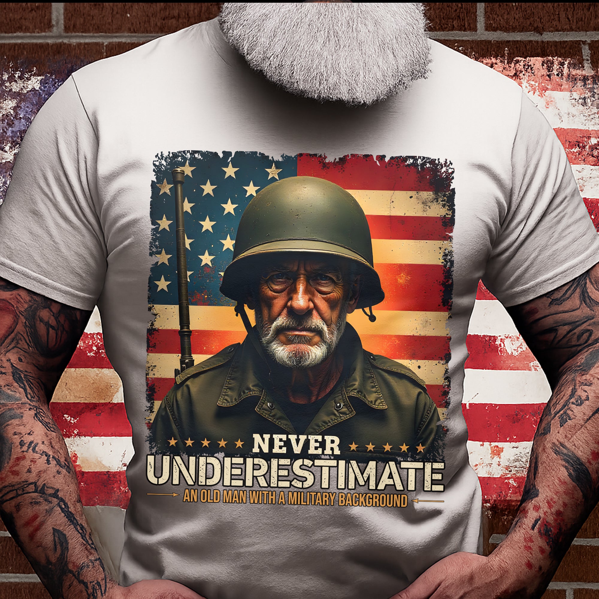 Never Underestimate an Old Man with a Military Background Trained Tough and Battle Ready T-Shirt