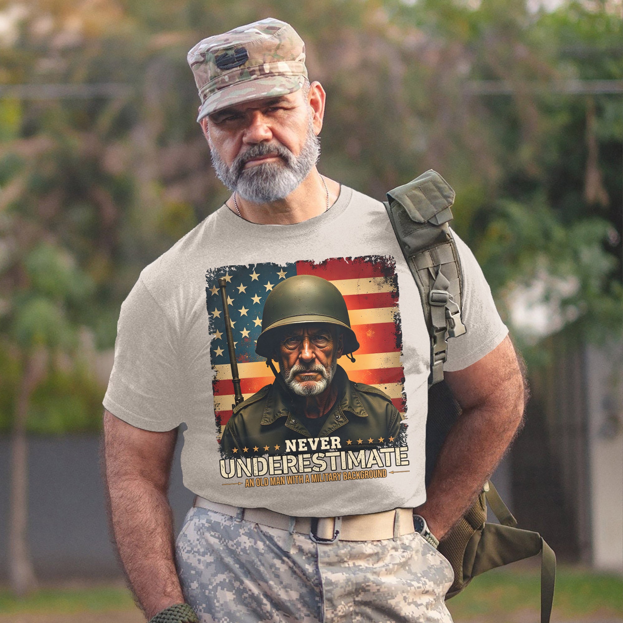 Never Underestimate an Old Man with a Military Background Trained Tough and Battle Ready T-Shirt