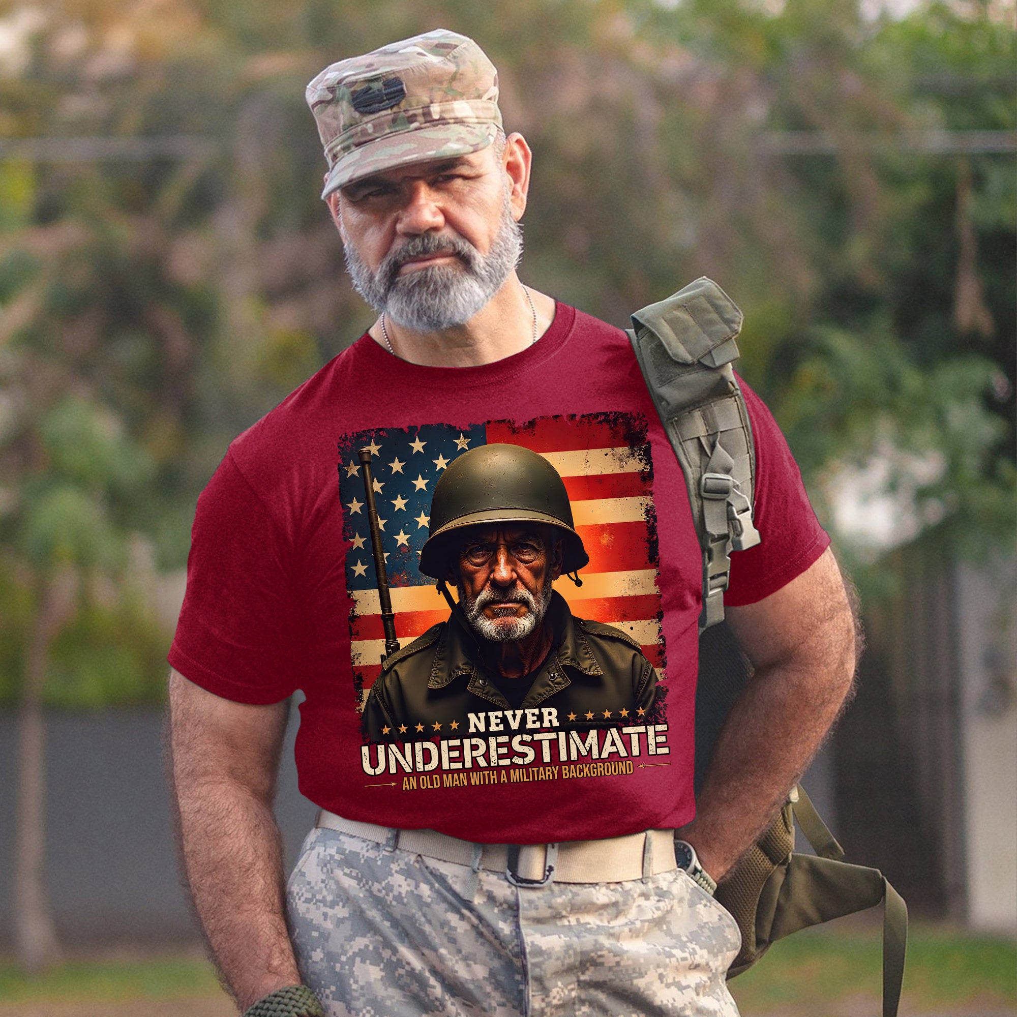 Never Underestimate an Old Man with a Military Background Trained Tough and Battle Ready T-Shirt