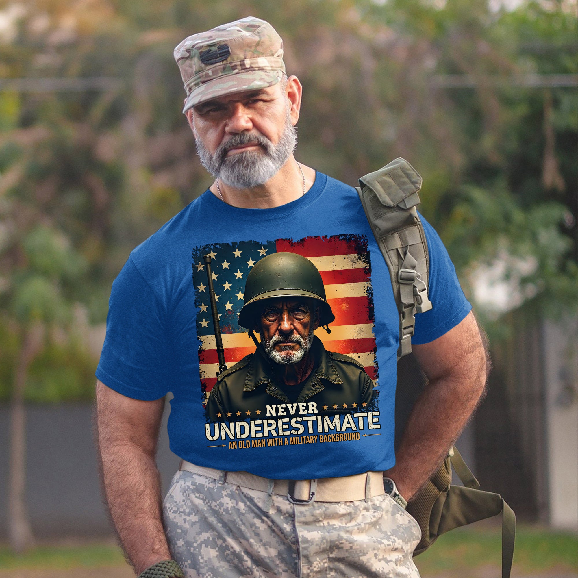 Never Underestimate an Old Man with a Military Background Trained Tough and Battle Ready T-Shirt
