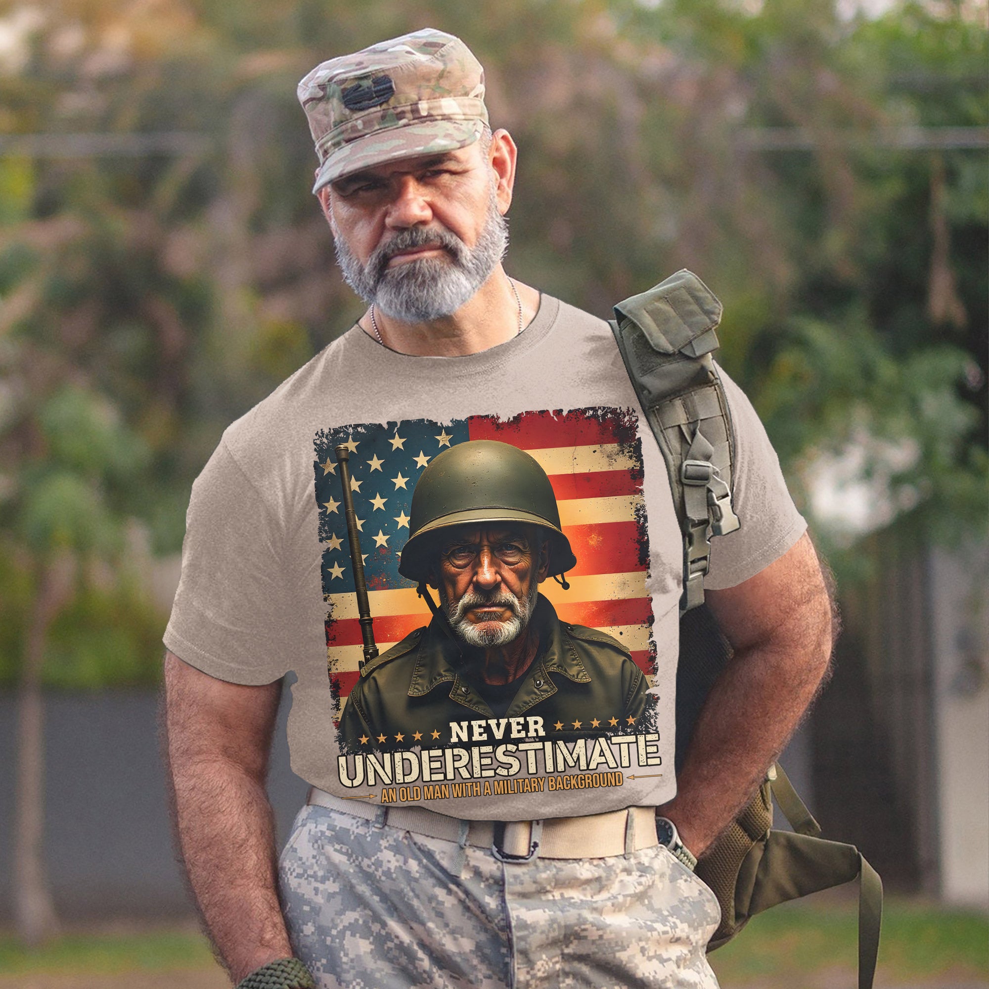 Never Underestimate an Old Man with a Military Background Trained Tough and Battle Ready T-Shirt