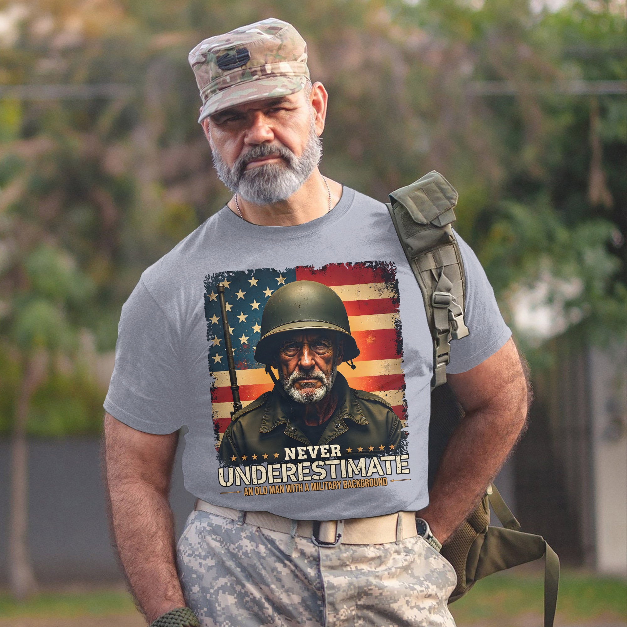 Never Underestimate an Old Man with a Military Background Trained Tough and Battle Ready T-Shirt