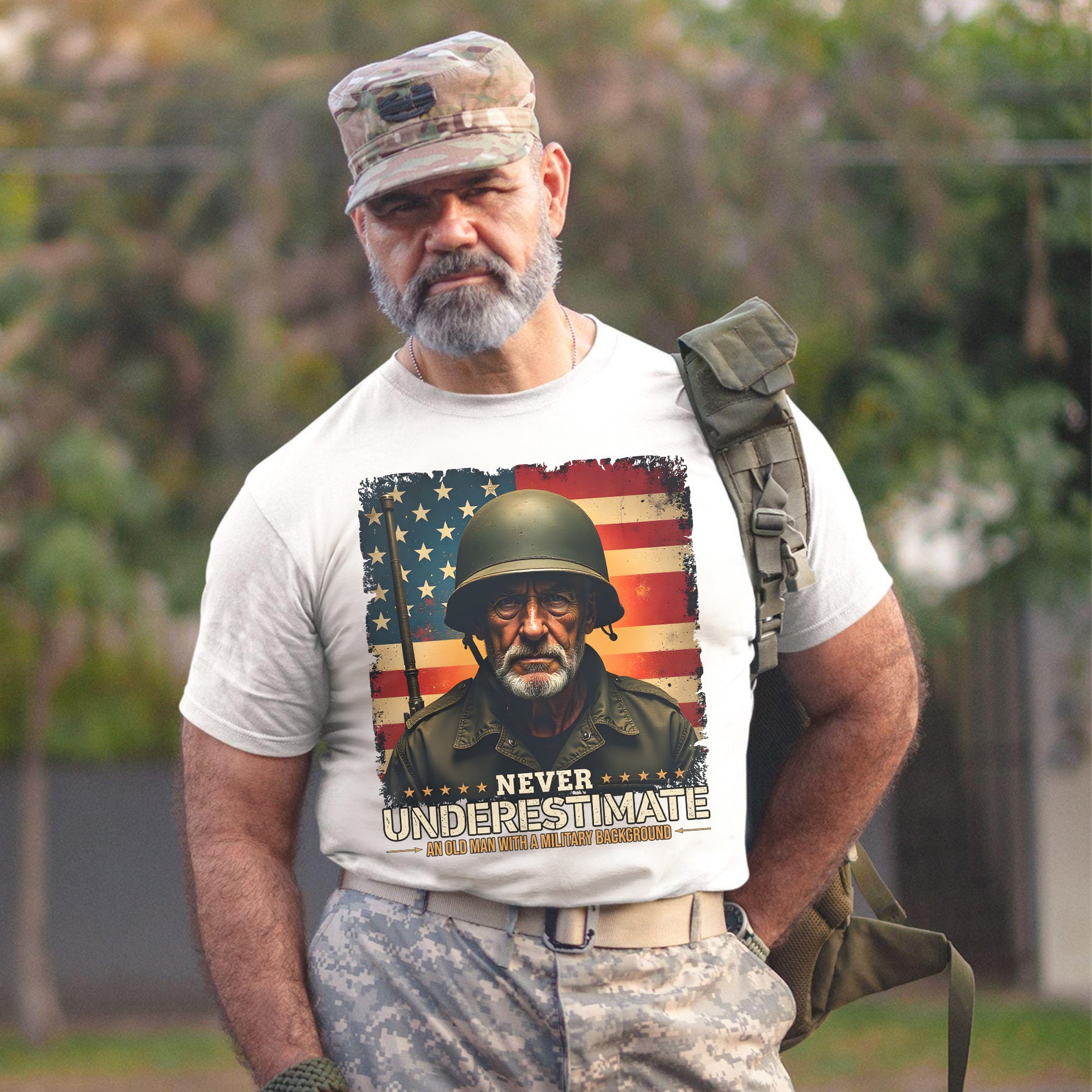 Never Underestimate an Old Man with a Military Background Trained Tough and Battle Ready T-Shirt