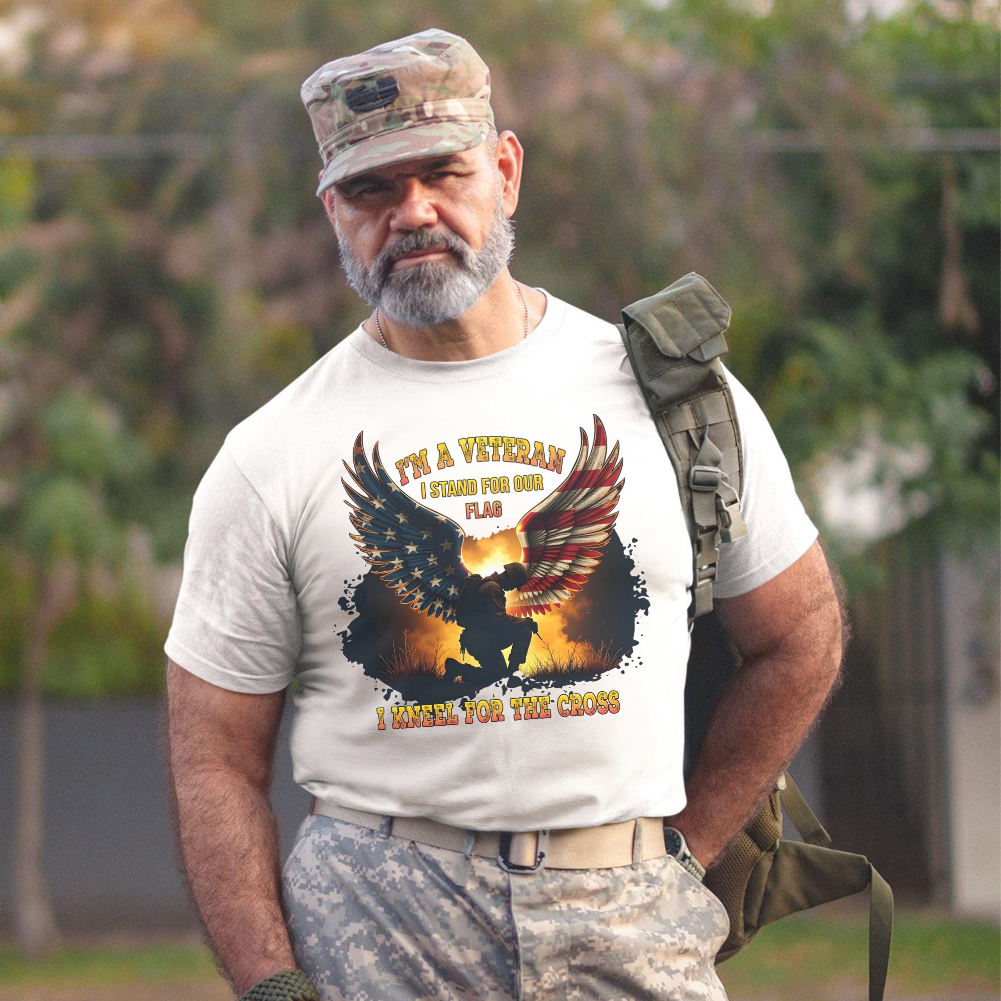 I'm a Veteran I Stand for Our Flag I Kneel for the Cross Honoring Faith and Patriotism T-Shirt