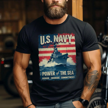 U.S. Navy Power of the Sea Driven by Honor Courage and Commitment Proud Naval Veteran Spirit T-Shirt