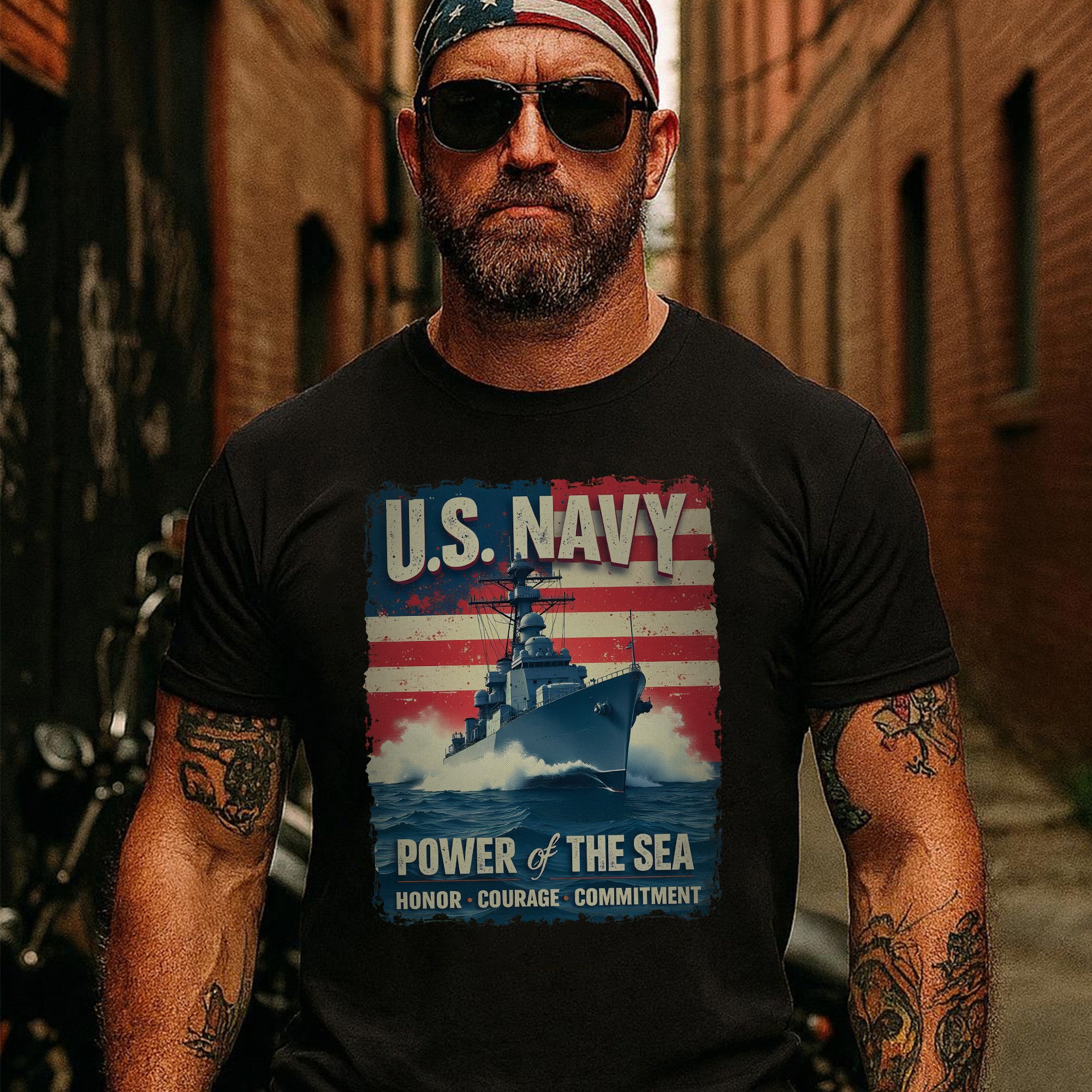 U.S. Navy Power of the Sea Driven by Honor Courage and Commitment Proud Naval Veteran Spirit T-Shirt