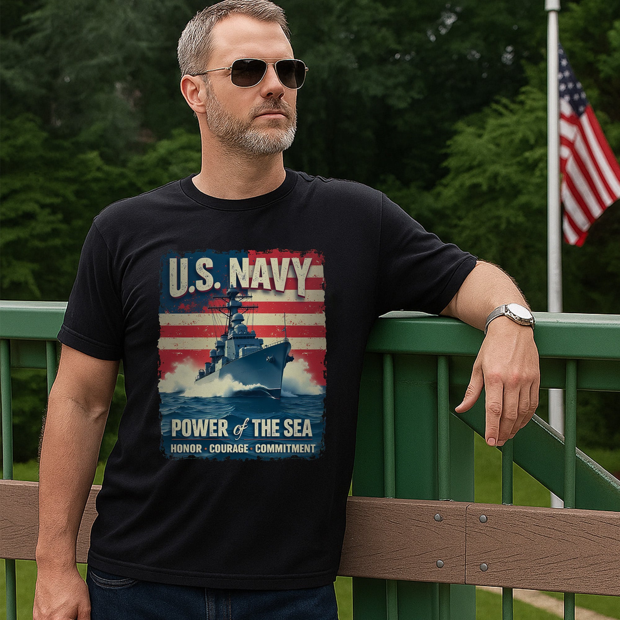 U.S. Navy Power of the Sea Driven by Honor Courage and Commitment Proud Naval Veteran Spirit T-Shirt