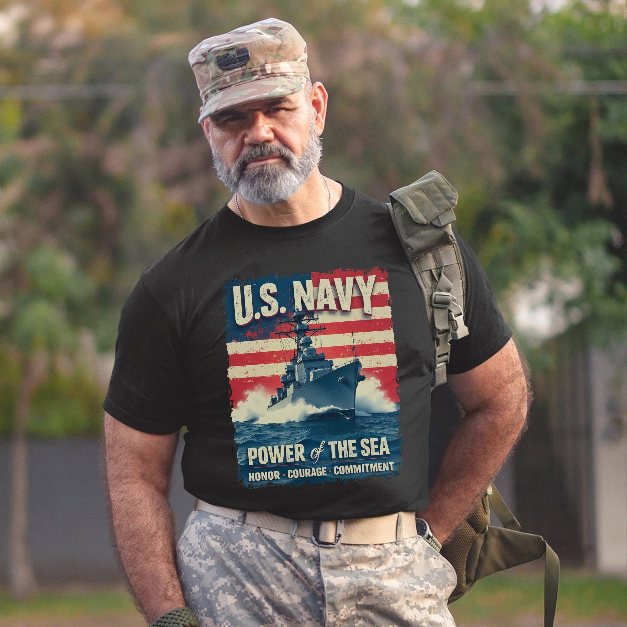 U.S. Navy Power of the Sea Driven by Honor Courage and Commitment Proud Naval Veteran Spirit T-Shirt