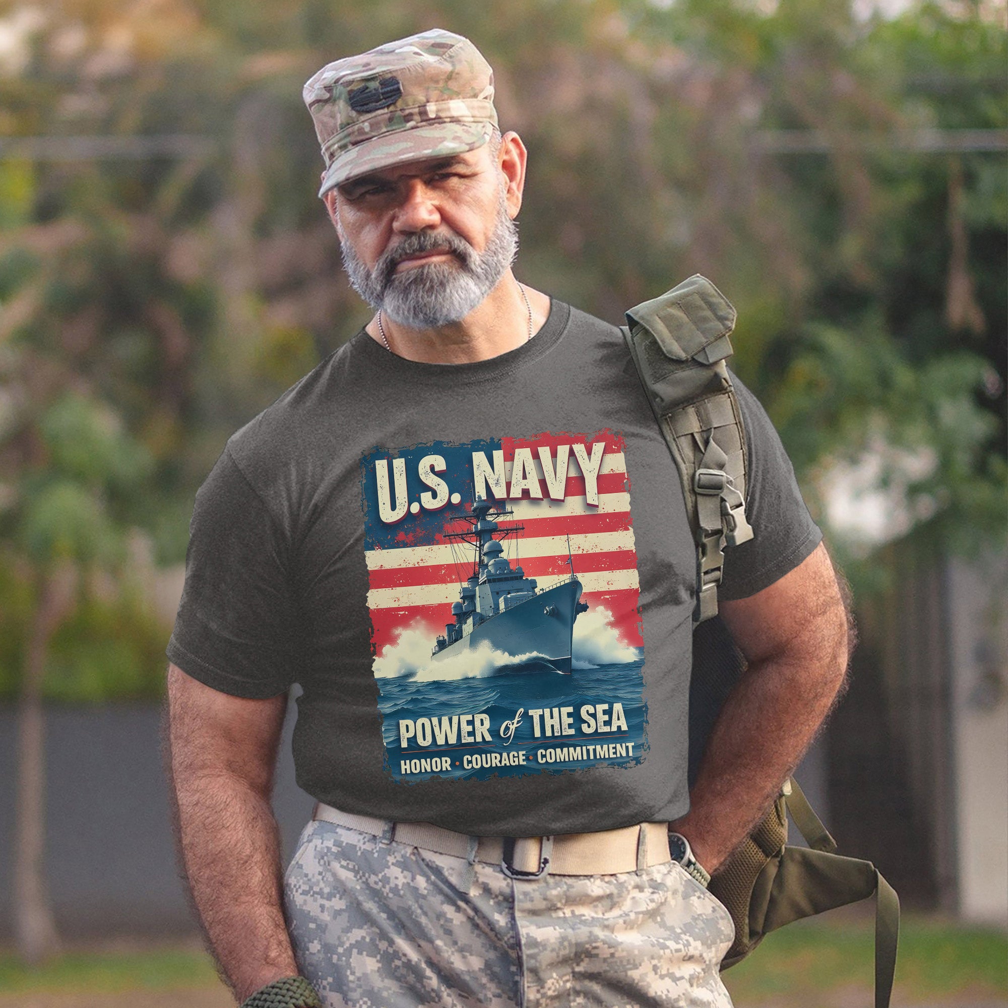 U.S. Navy Power of the Sea Driven by Honor Courage and Commitment Proud Naval Veteran Spirit T-Shirt
