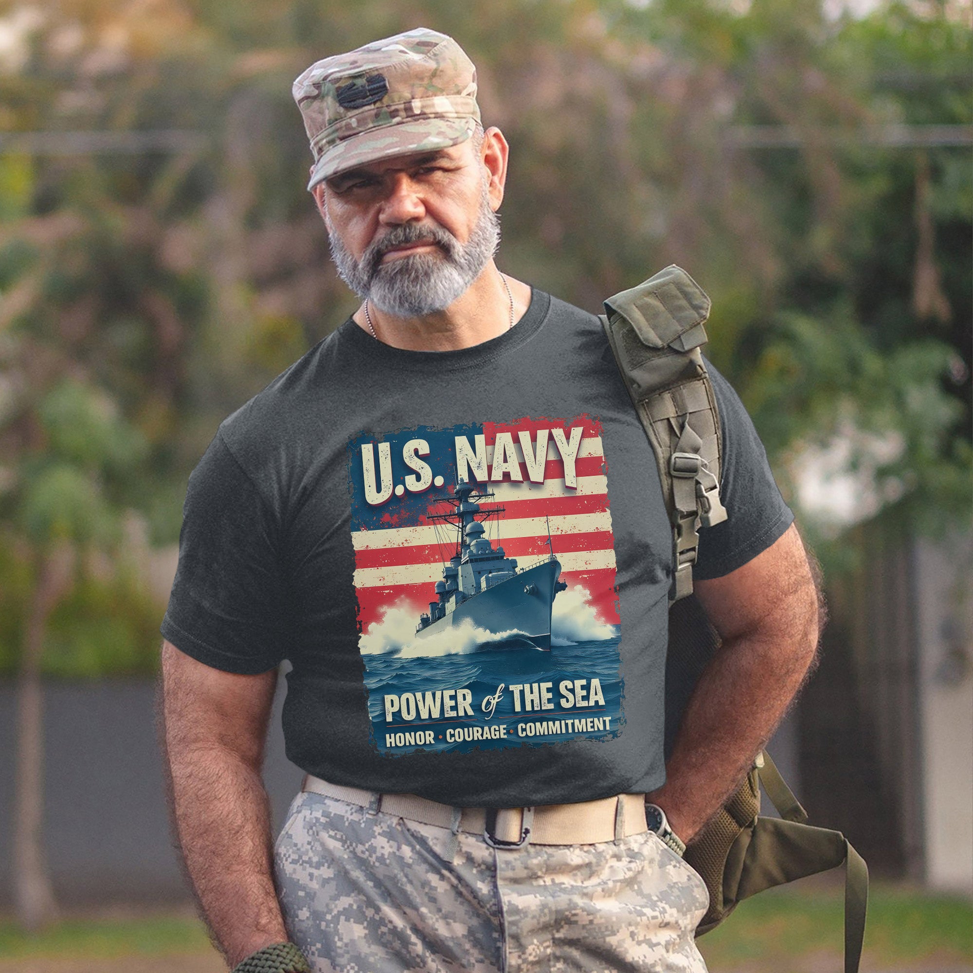 U.S. Navy Power of the Sea Driven by Honor Courage and Commitment Proud Naval Veteran Spirit T-Shirt