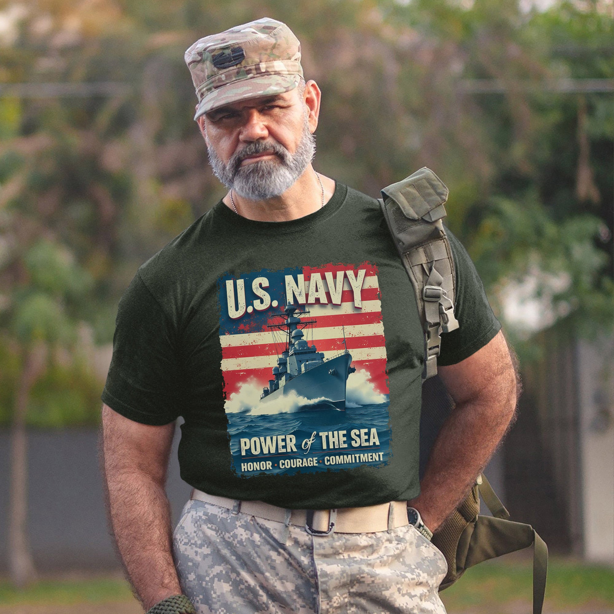 U.S. Navy Power of the Sea Driven by Honor Courage and Commitment Proud Naval Veteran Spirit T-Shirt