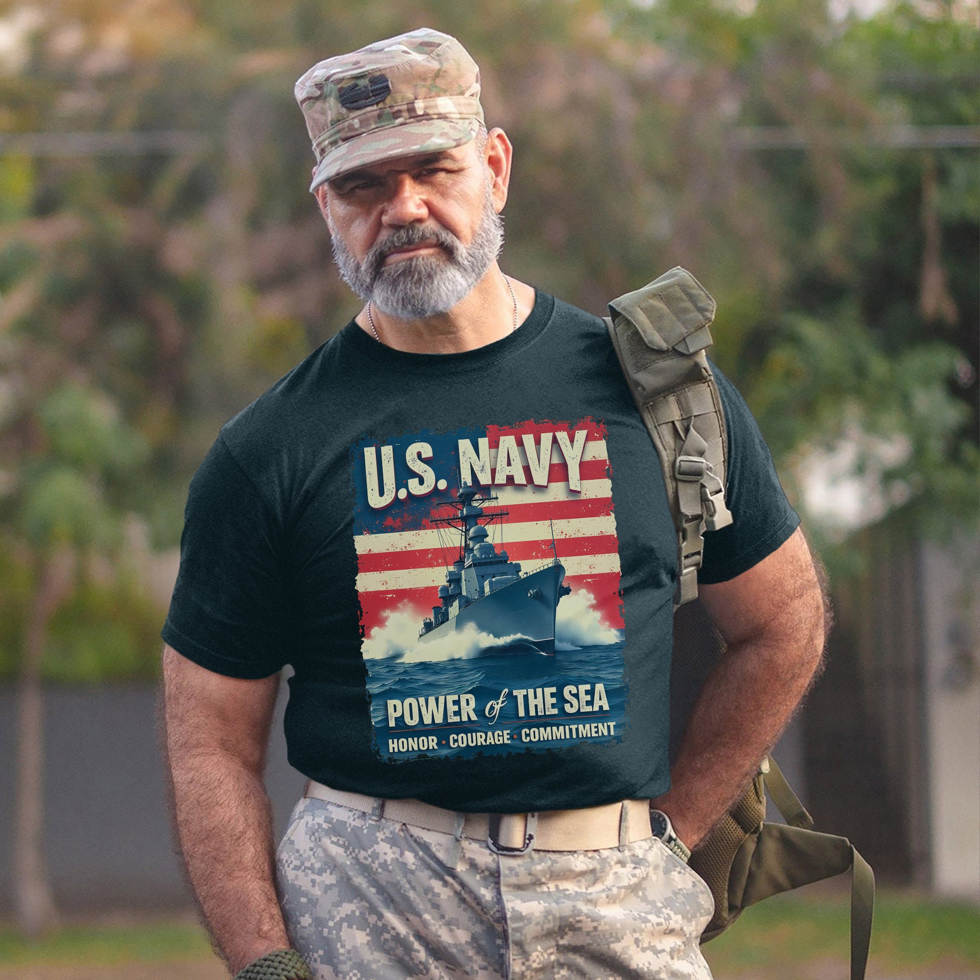 U.S. Navy Power of the Sea Driven by Honor Courage and Commitment Proud Naval Veteran Spirit T-Shirt