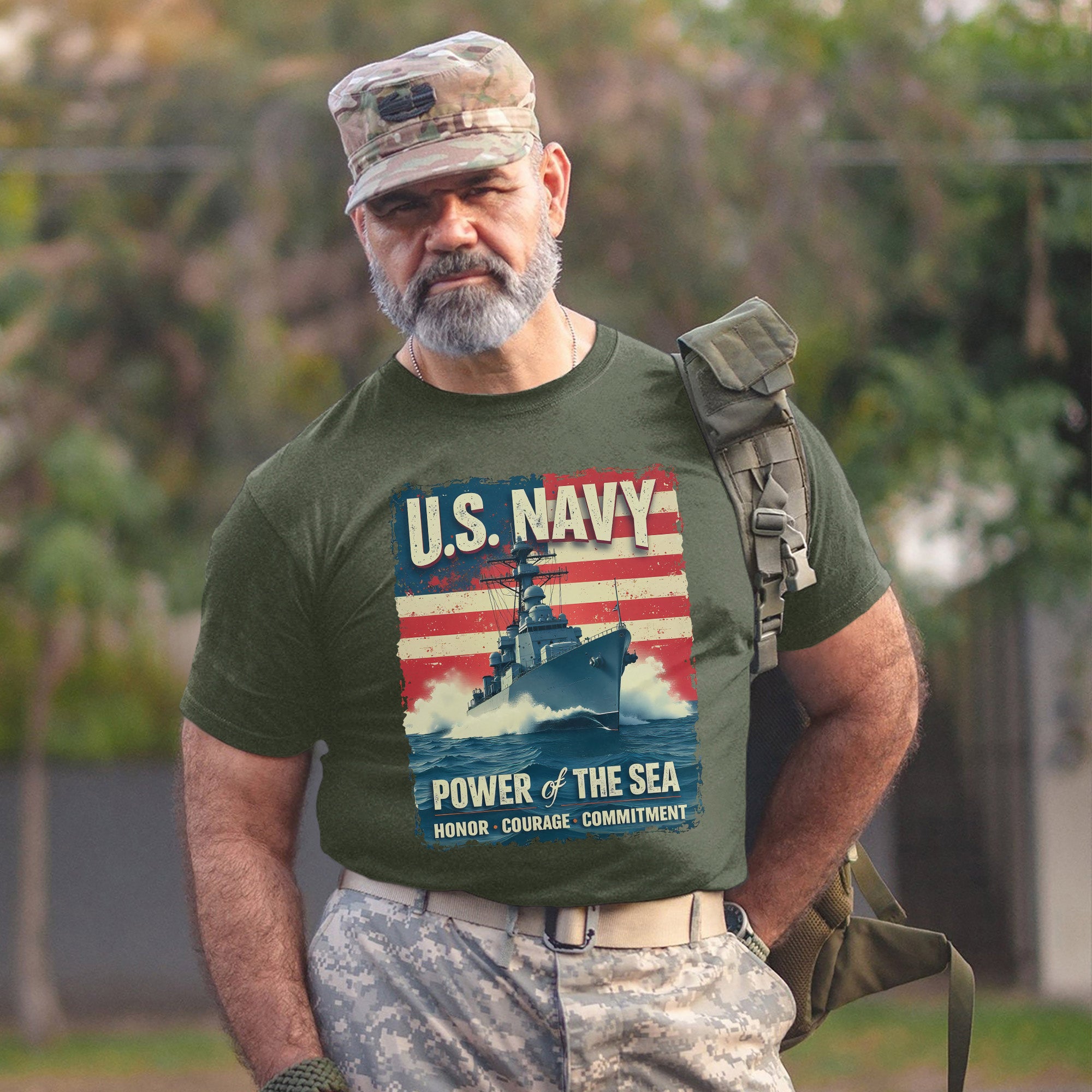 U.S. Navy Power of the Sea Driven by Honor Courage and Commitment Proud Naval Veteran Spirit T-Shirt
