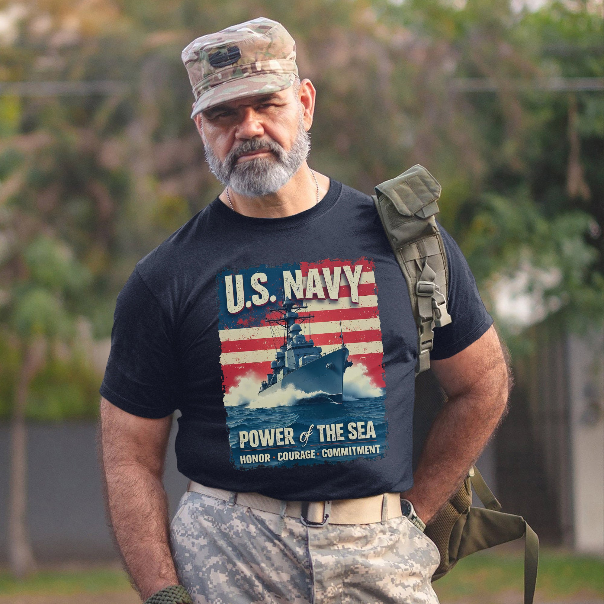 U.S. Navy Power of the Sea Driven by Honor Courage and Commitment Proud Naval Veteran Spirit T-Shirt
