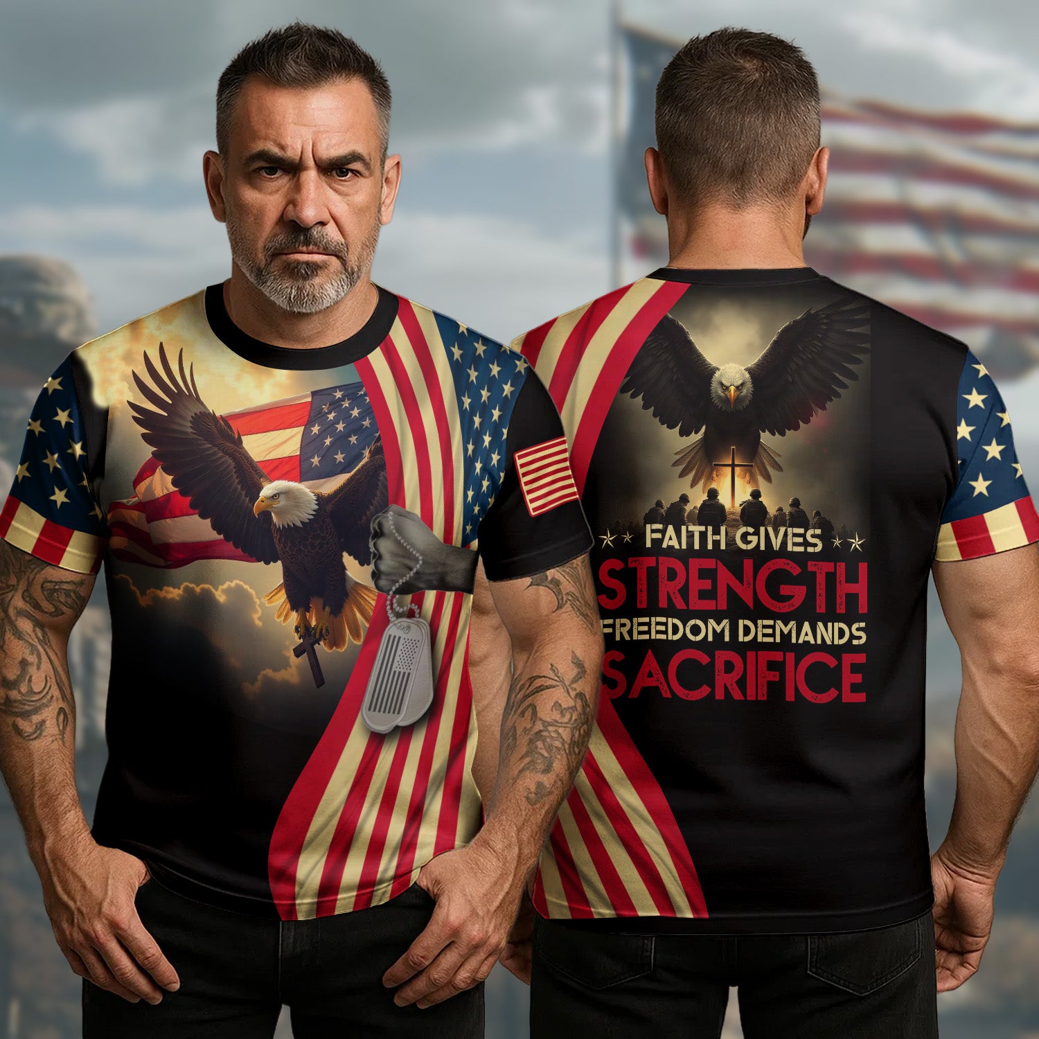 Faith Gives Strength Freedom Demands Sacrifice Honoring Those Who Serve with Heart and Valor All-over Print T-Shirt
