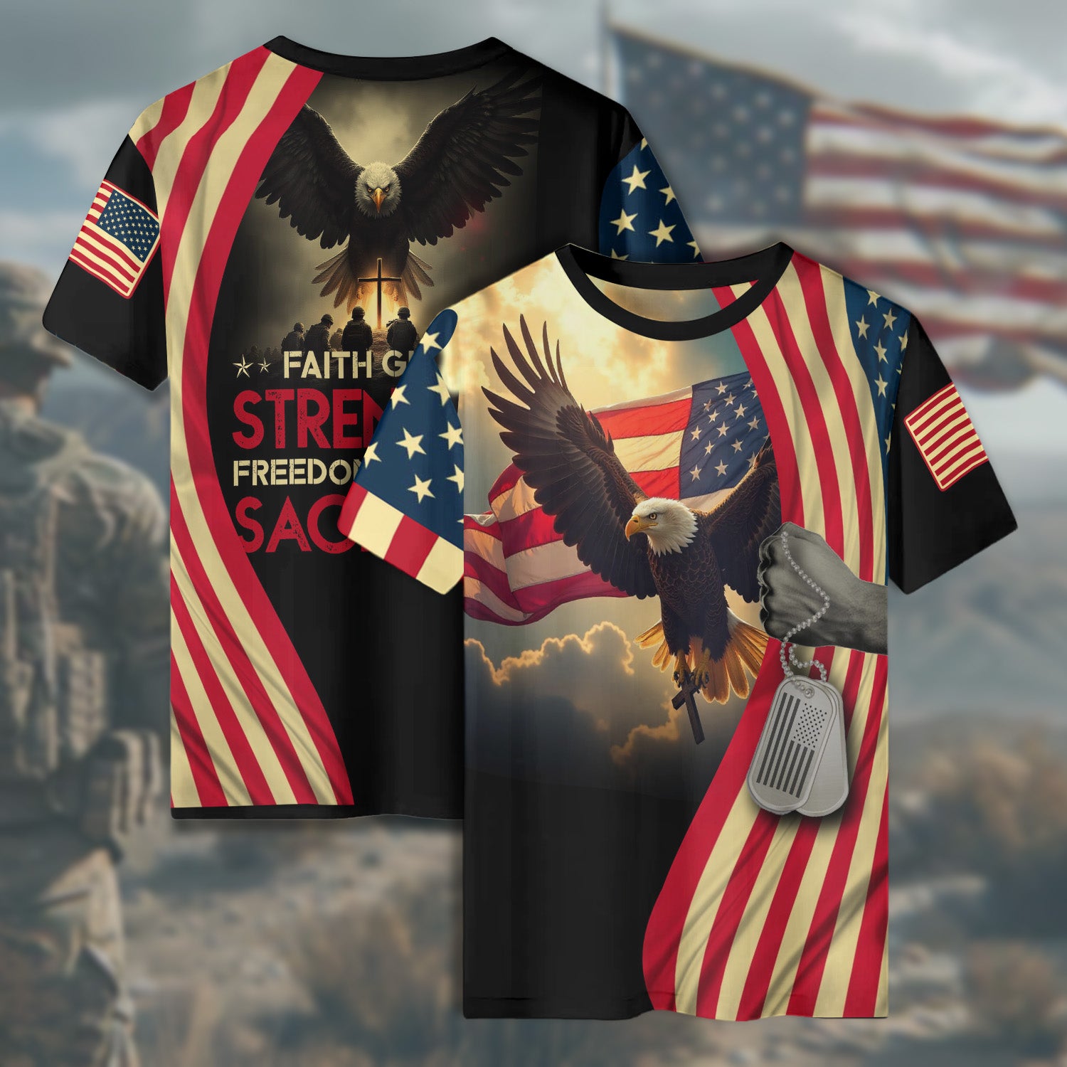 Faith Gives Strength Freedom Demands Sacrifice Honoring Those Who Serve with Heart and Valor All-over Print T-Shirt
