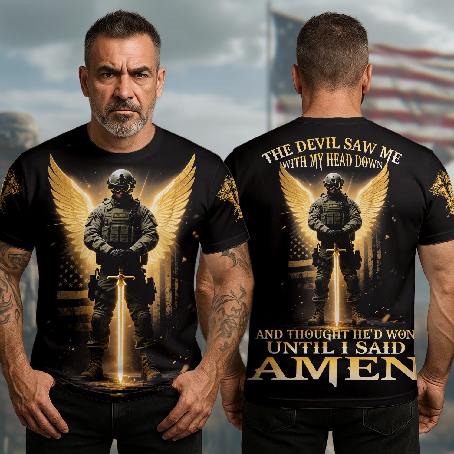 The Devil Saw Me with My Head Down and Thought He’d Won Until I Said Amen Faith Over Fear All-over Print T-Shirt
